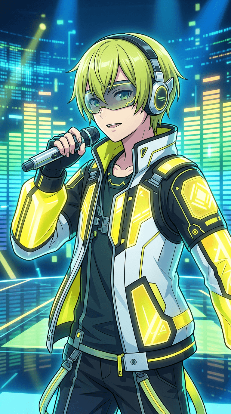 Original Vocaloid character in the official Vocaloid box-art illustration style: a boy singer with short lime hair, visor headphones, white and black cyber jacket with glowing yellow panels, holding a mic, clean anime line art, digital concert stage with equalizer bars. Portrait framing from the waist up, face in the upper third of the frame, one character only. No text, no logo, no watermark.