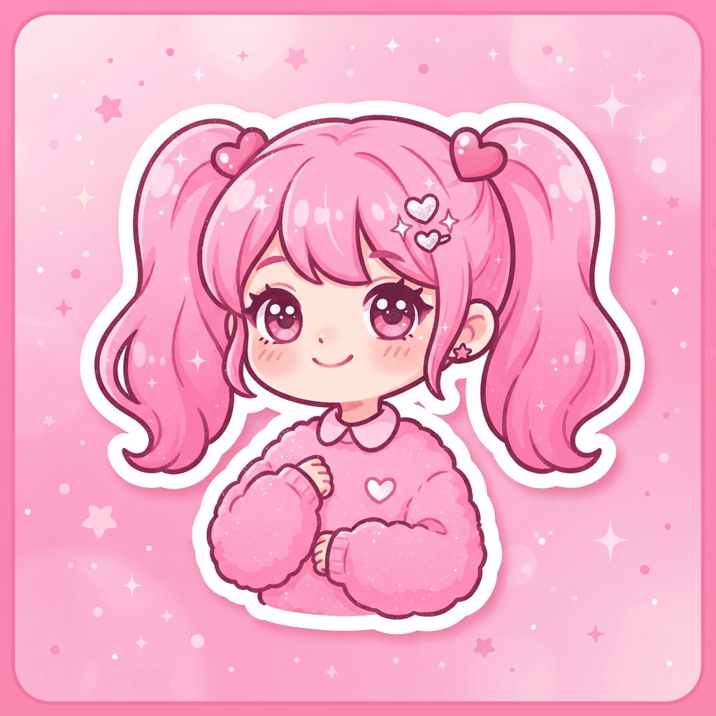 chibi cartoon avatar, girl with bright pink twin-tail hair and heart hairclips, pink sweater, bubblegum pink gradient background, kawaii sticker style