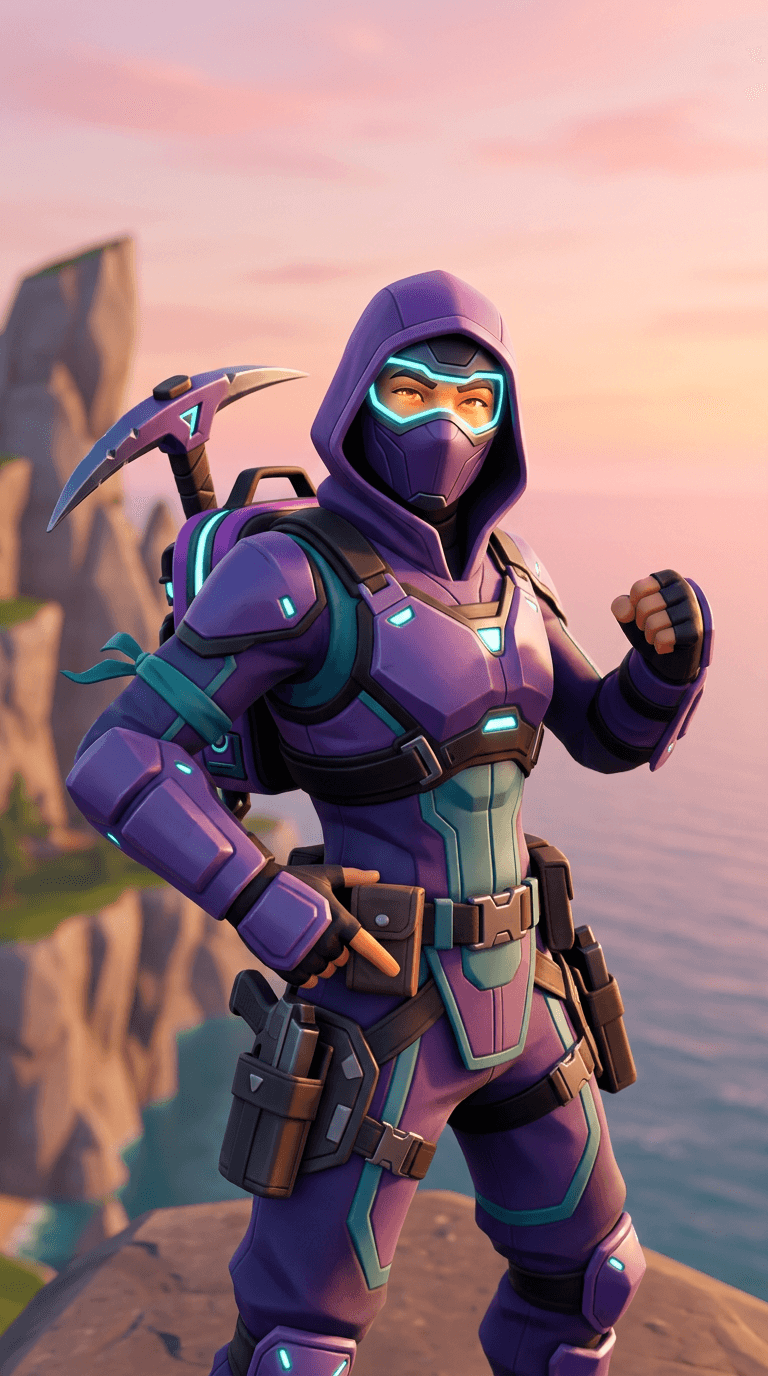 Original character in the Fortnite art style: a stylized 3D battle-royale skin of a smiling masked ninja with a purple hood, glowing cyan visor, armored gloves and a backpack with a pickaxe, dynamic pose, chunky proportions, clean stylized shading, sunset island cliffs in the soft background. Portrait framing from the waist up, face in the upper third of the frame, one character only. No text, no logo, no watermark.