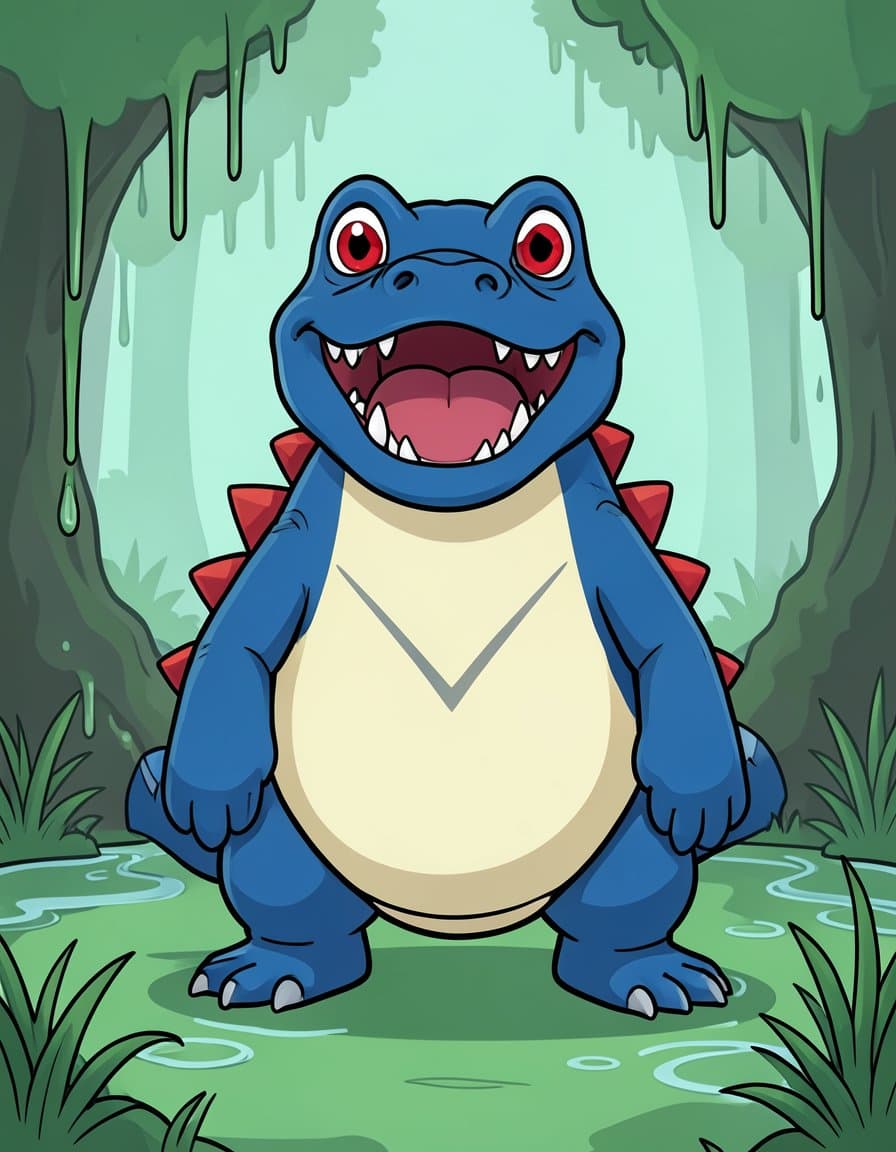 Original water-type fakemon, a pokemon OC: chunky blue crocodile monster with a wide open jaw of sharp teeth, round red eyes, cream belly with a V marking, red back spikes, in a misty swamp. Flat cel-shaded monster-taming game art, bold clean outlines.