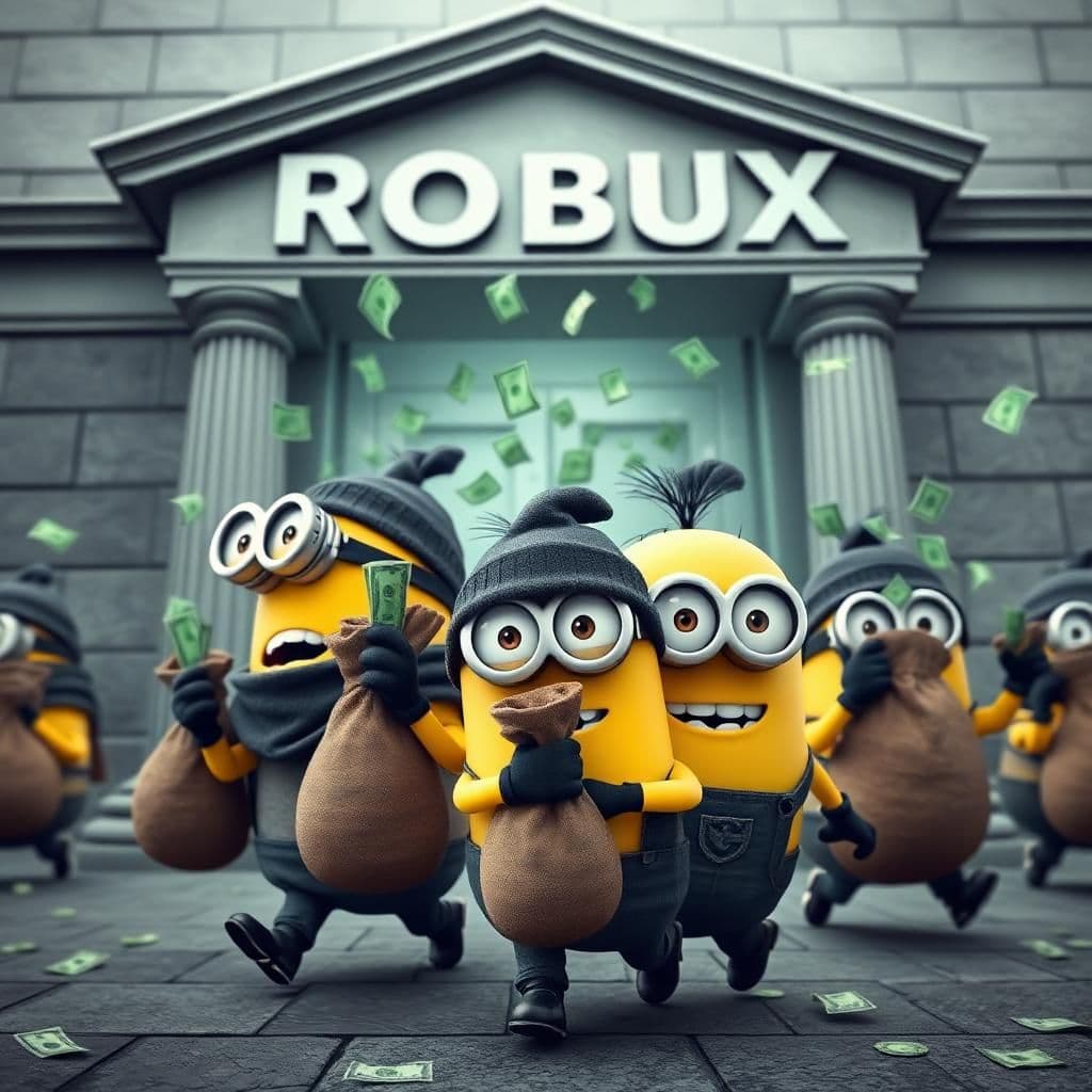 minions dressed in burglar outfits carrying sacks of money with green dollar bills falling out running out of a bank that says "ROBUX" in bold letters