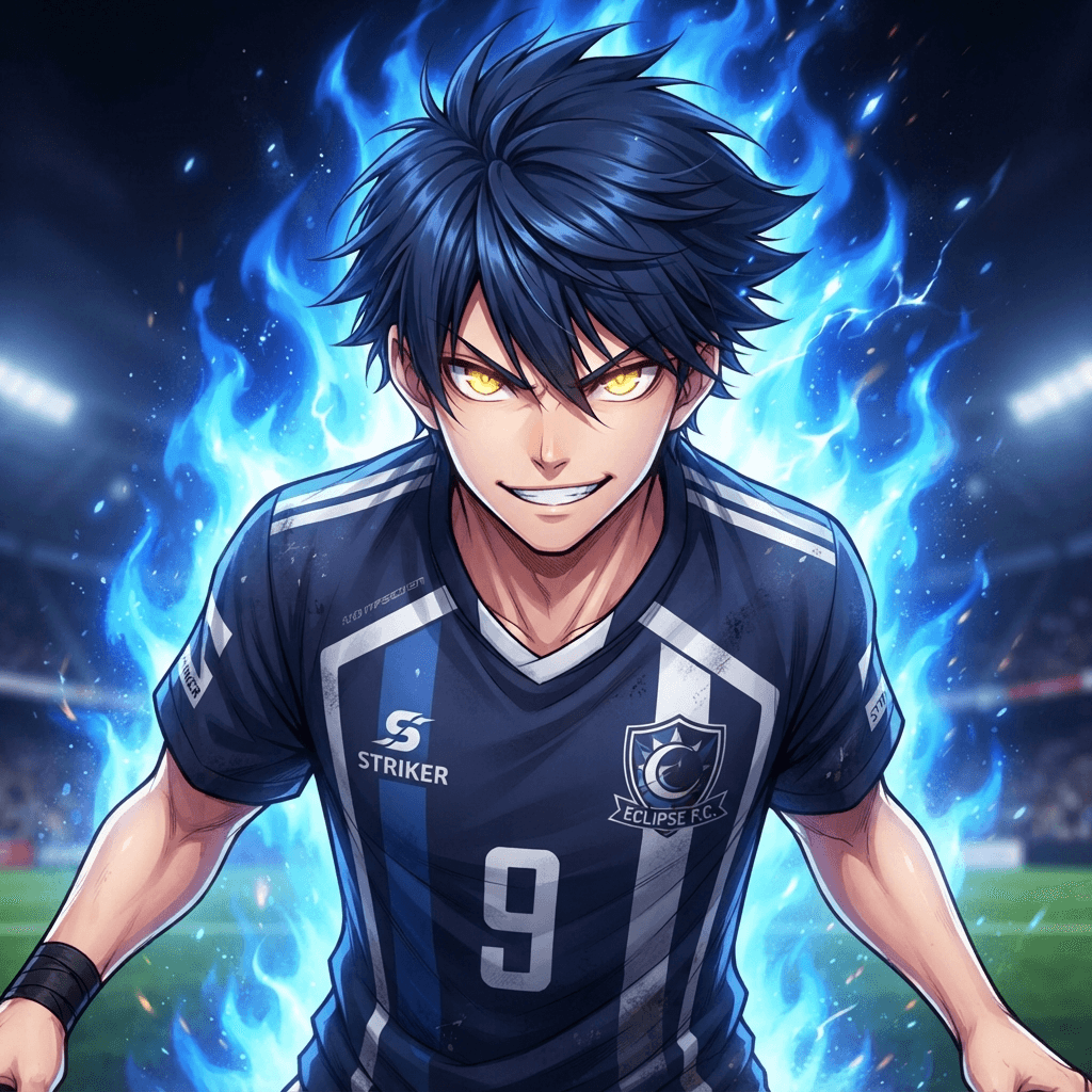 anime soccer striker original character portrait, close up bust shot, sharp confident smirk, spiky navy blue hair, intense glowing golden eyes, dark blue and white football jersey, dramatic blue flame aura behind him, sports anime style, clean gradient background, vibrant, crisp high detail, digital illustration