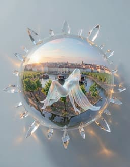 a towering translucent figure with elongated vertical silhouette, recumbent lower limbs and upright torso, draped in flowing spectral robes, drifts within a crystal‑glass sphere that mirrors the city of bordeaux, its vineyards and the stilt houses of the arcachon basin, all set against a pastel sky. the sphere is surrounded by shards of blown glass, bathed in a honey‑faded blue palette with soft amber reflections, subtle halos, muted glow and long shadows, creating a hushed, introspective atmosphere. captured from an overhead wide‑angle view, the scene is rendered in the bordeaux glass sphere style, emphasizing delicate, soft‑toned amber highlights and a muted blue‑gray sky.