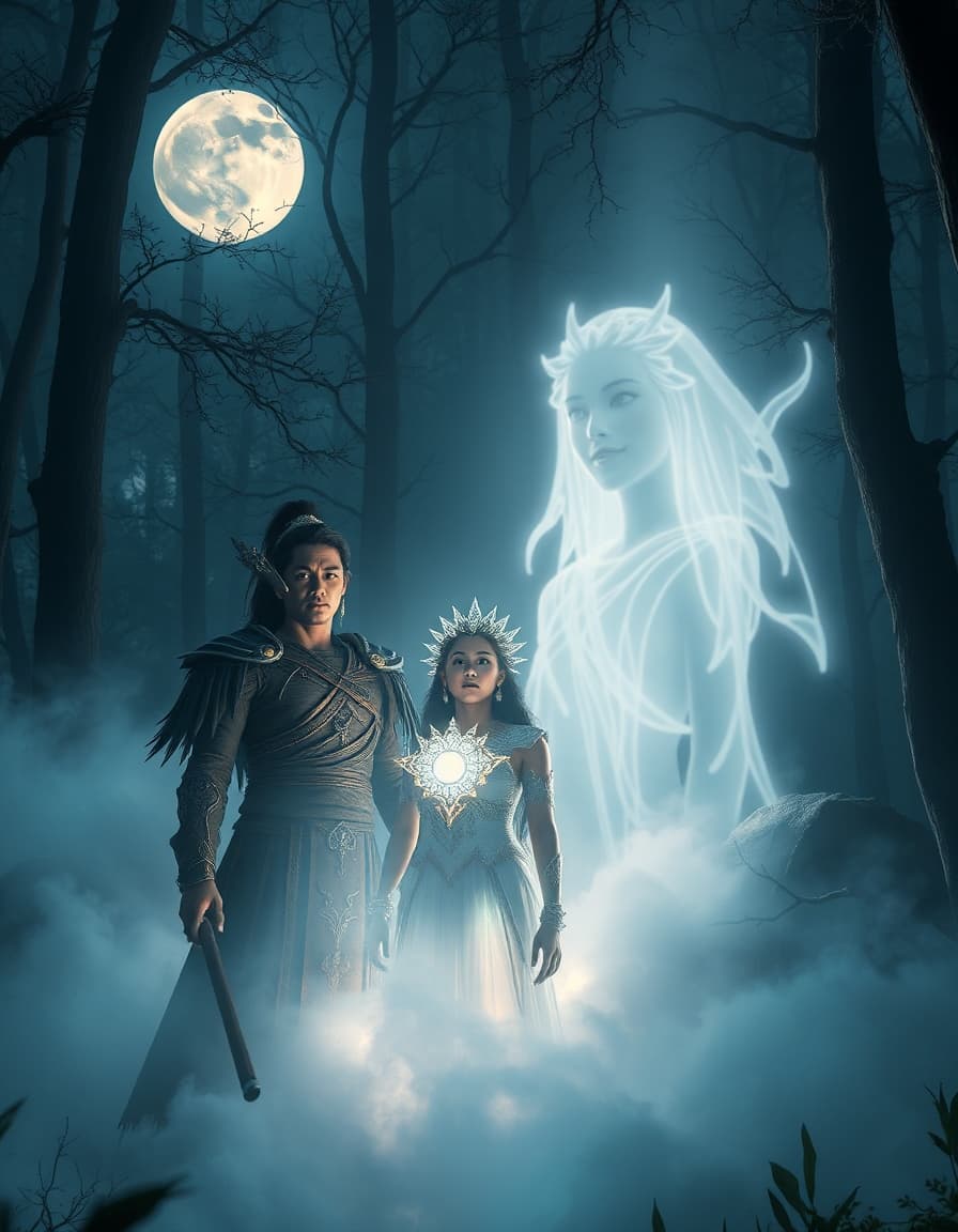 mystical glowing princess (Ayuna) emerges from white mist in enchanted forest under full moon, male warrior (Arif) emotional and shocked, ghostly spirit of female warrior (Cahaya) smiling in the background fading into light, epic fantasy atmosphere, ultra-detailed CGI, 8k, dramatic lighting, magical haze