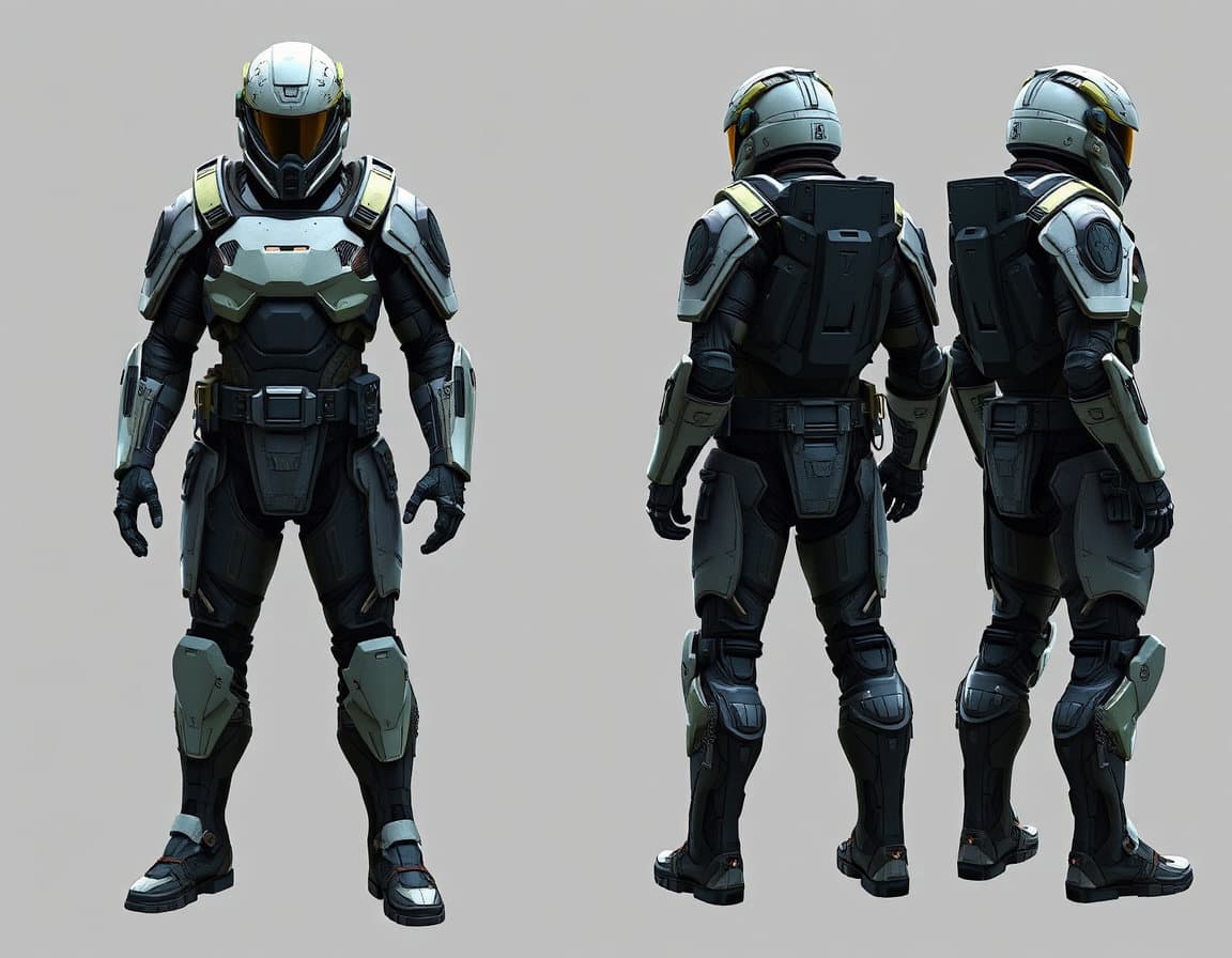 Futuristic sci-fi soldier with full armor. Photo realistic style. Model sheet with front, back and side view of the model. Fantasy sci-fi