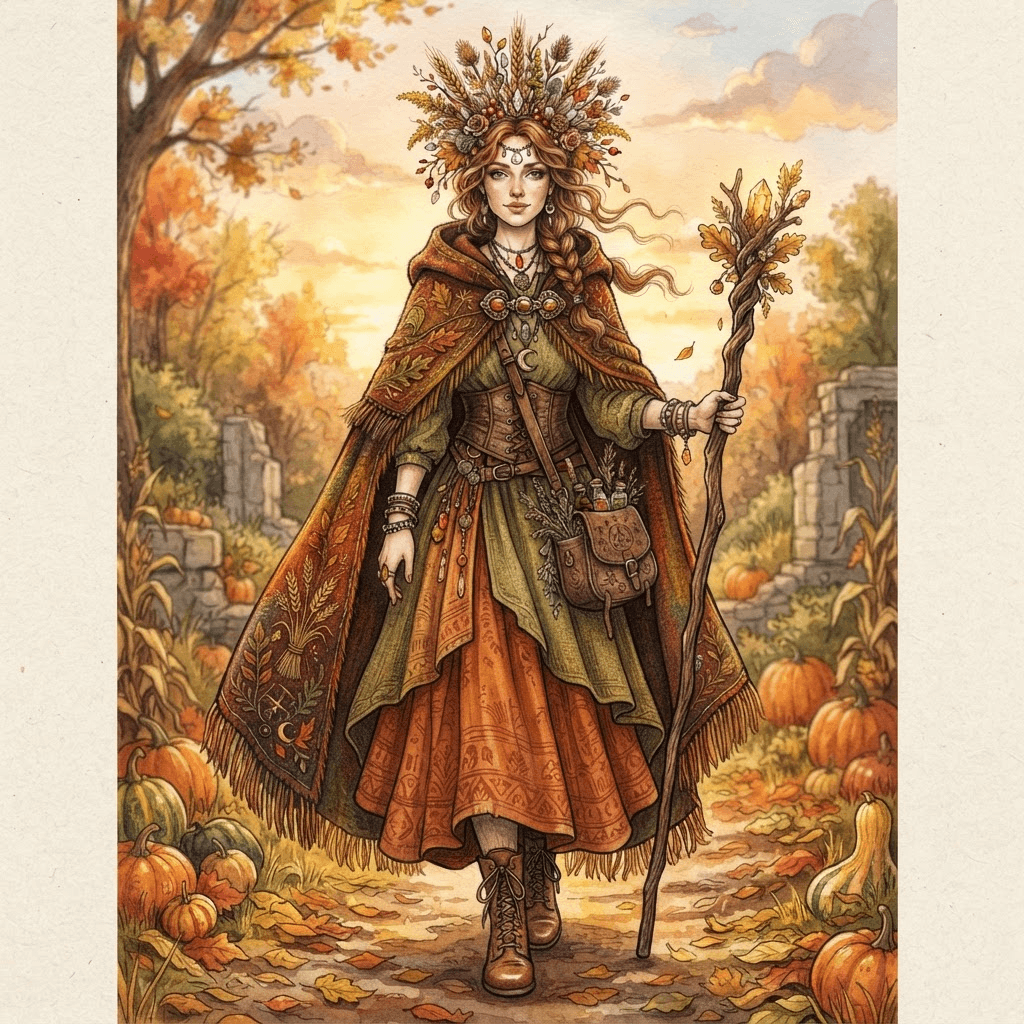 harvest witch fashion, autumn cloak, wheat and dried flower crown, rust and moss tones, styled with statement accessories, fashion illustration, full body