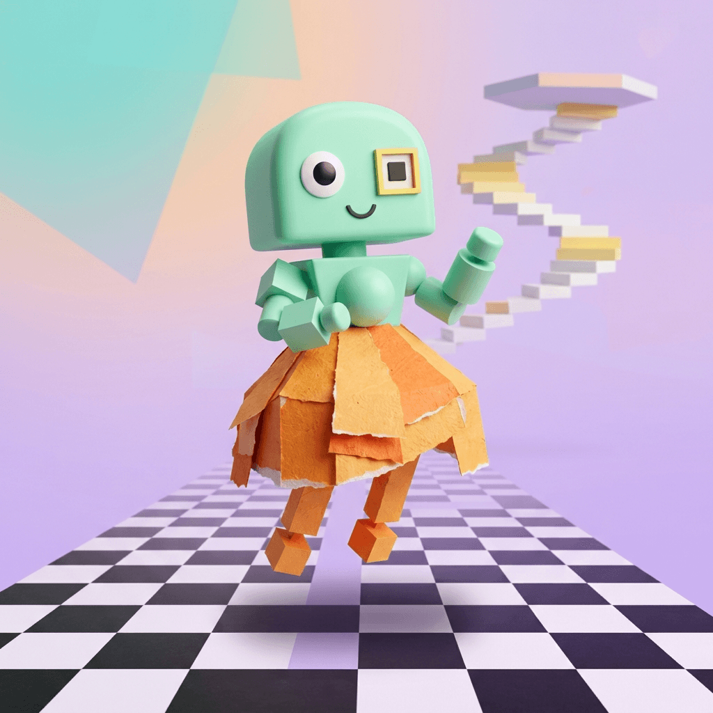 surreal mixed media character, top half of body smooth flat mint green plastic, bottom half rough cut paper texture in orange, simple geometric shapes, one round eye and one square eye, small smile, floating over a checker floor that fades into a lavender void, stairs to nowhere in the distance, low poly 3D look, full body