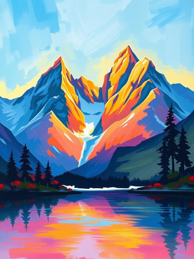 Create an Impressionist painting of a beautiful mountain range at sunrise, with warm light shining down on the peaks, and a calm lake in the foreground reflecting the colors of the sky. Use soft brushstrokes and vibrant colors to capture the feeling of a new day beginning.