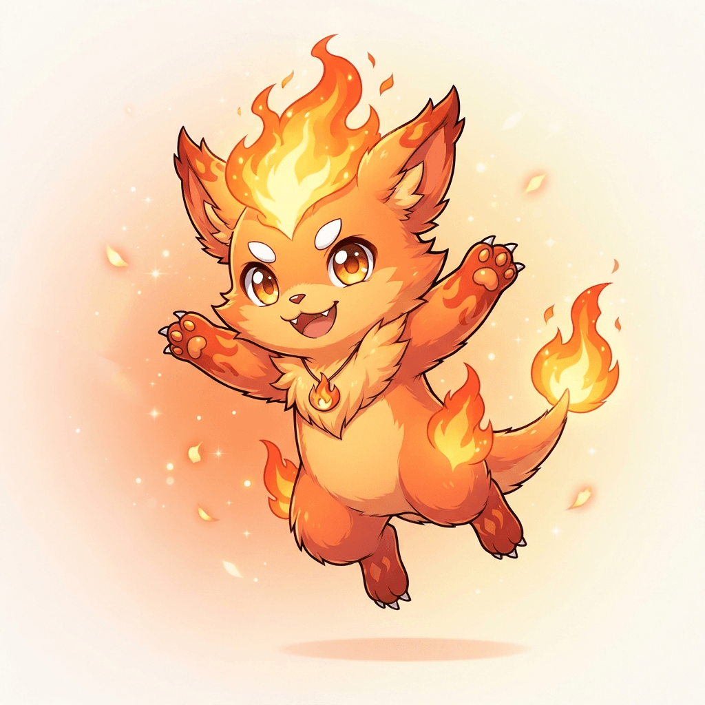 cute original pocket monster creature, fire type, big expressive eyes, flame crest, cel-shaded anime fanart, dynamic pose, clean soft gradient background, vibrant, crisp high detail
