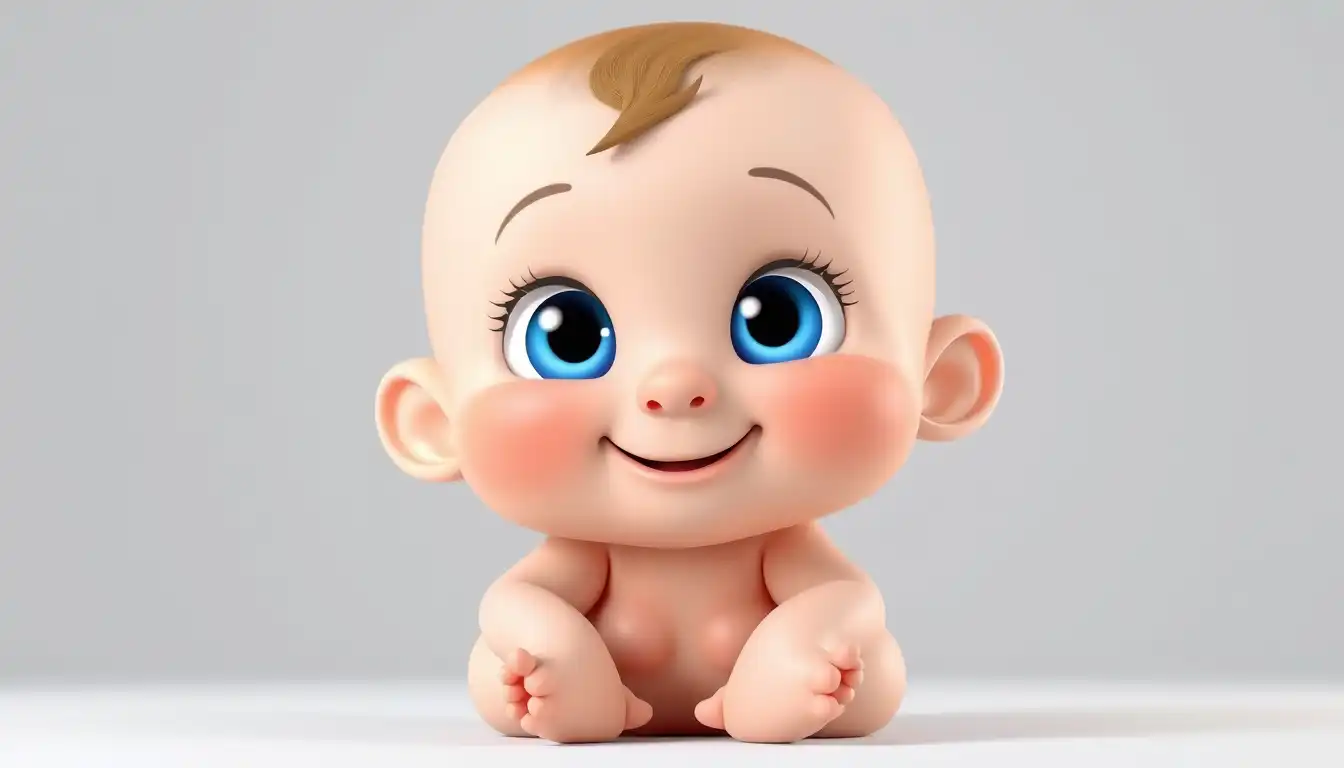A super cute 3D baby character, full body visible, big round blue eyes, small nose, chubby cheeks, smiling happily. 
The baby is sitting with tiny hands and feet visible. 
Smooth soft skin, slightly big head and small body like a cartoon toddler. 
Short colorful hair, adorable expression. 
Pixar style 3D character, ultra detailed, soft studio lighting, clean background, high quality 3D render, vibrant colors, cute animated baby style.