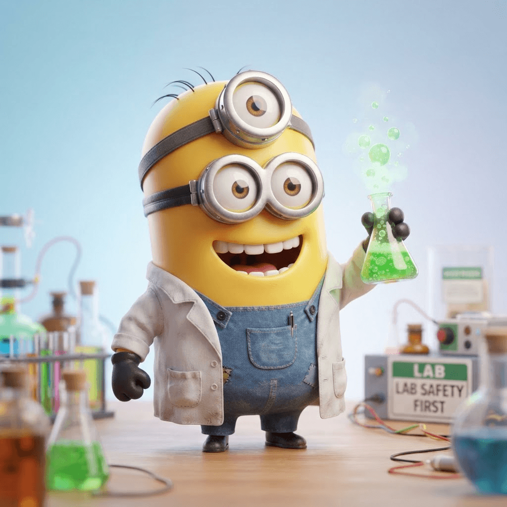 A cheerful Minion as a mad scientist in a white lab coat, holding a bubbling green beaker, two goggle eyes wide with excitement, glossy 3D animated movie character render, small chubby capsule-shaped bright banana-yellow cartoon henchman, round silver goggle strapped around the head, blue denim overalls with a front pocket, black gloves, a few sparse black hair strands on top, big expressive grin, soft studio lighting, clean pastel gradient background, crisp high detail