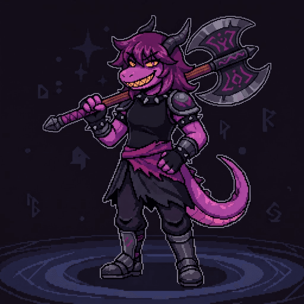Deltarune dark world style OC, tall purple dragon girl with jagged teeth grin and axe resting on shoulder, Toby Fox game art style, dark palette, clean background