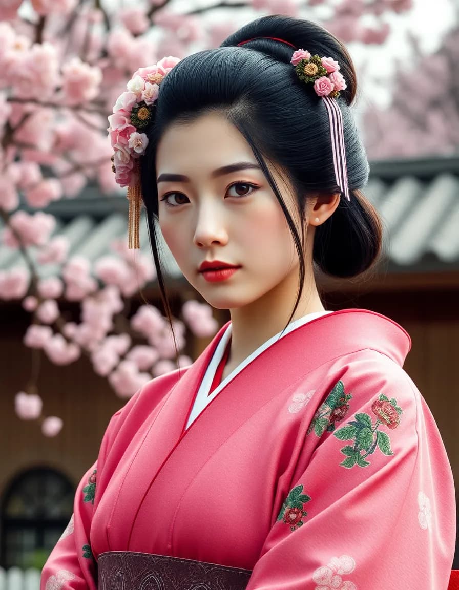 head and shoulders, beautiful onna-bugeisha,  pink