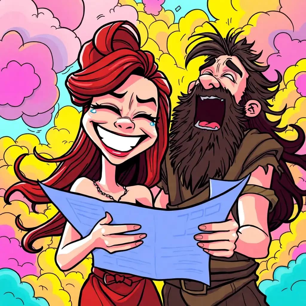 cartoon helen, gorgeous, huge grin, eyes squeezed shut, tears of laughter streaming.  she clutches a blueprint, cackling.  menelaus, beside her in tattered clothes, is doubled over, his ragged beard shaking as he howls with laughter, a comical, exaggerated display. bright, vibrant colors.  background: chaotic, swirling cartoon clouds, primary colors.  style: exaggerated cartoon, almost anime-like, with bouncy lines and exaggerated features.  helen's hair flows wildly, her laughter echoing in the vibrant, slightly surreal background.  menelaus's laughter is so loud his clothes flap.  extreme, joyful expressions.
