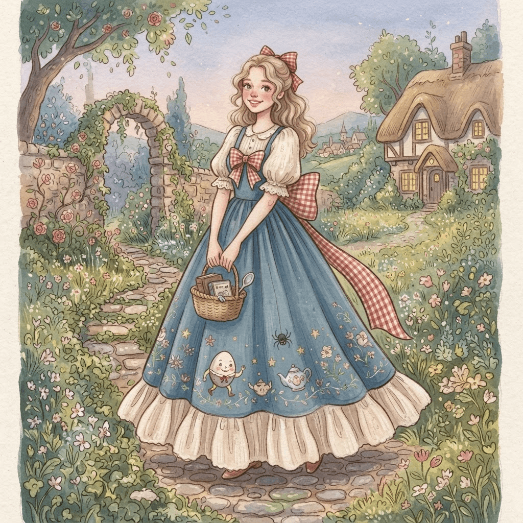 nursery rhyme fashion, storybook pinafore, oversized bow, whimsical picture book styling, full length gown look, fashion illustration, full body