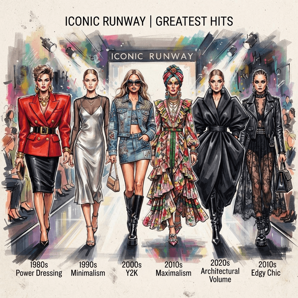 iconic trend fashion, greatest hits runway looks, bold recognizable silhouettes, styled with statement accessories, fashion illustration, full body