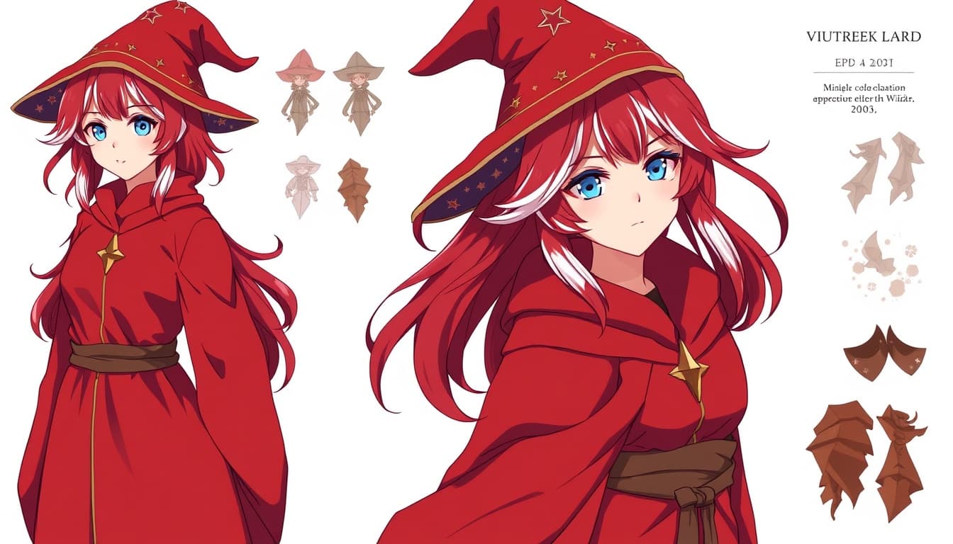 Vtuber reference sheet of a mature female Wizard, wearing red robes, red hair with white accents, blue eyes, white highlights, wizard hat with a stellar pattern on the underside,  in the style of anime