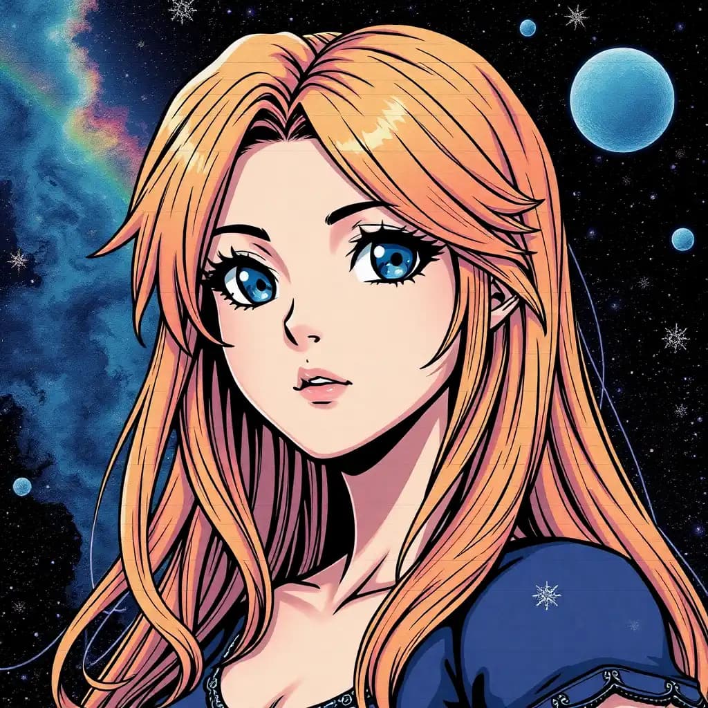 new modified prompt: femme anime cheveux long blonde yeux bleu fairy tail, vintage comic book style, highly detailed, vibrant colors, **hieroglyphic mosaic puzzle** in space