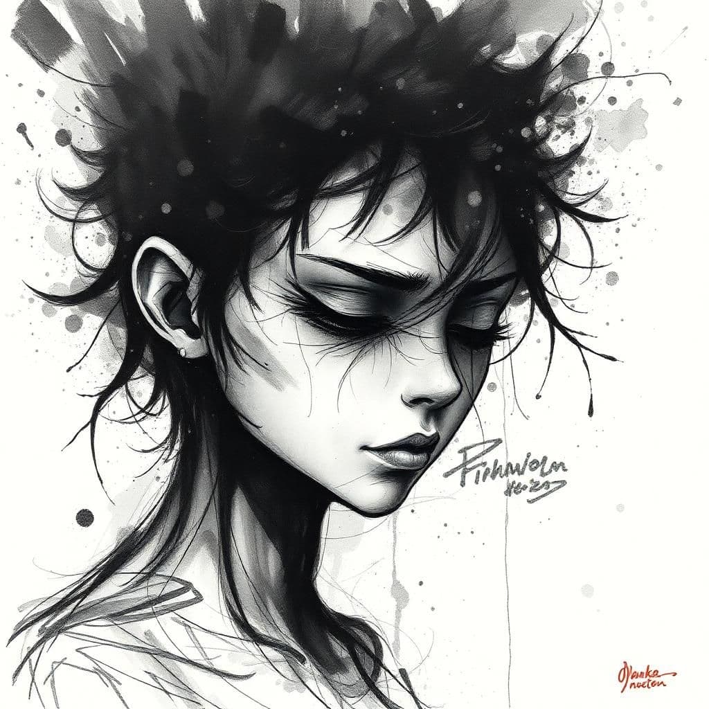 Pokemon-style Create a hauntingly expressive ink and coal drawing that conveys raw emotion through bold, gestural strokes and delicate, whispery textures, with deep, rich blacks and subtle, velvety grays that seem to reverberate with the subject's inner turmoil, evoking a sense of visceral empathy in the viewer, as if the emotions themselves have been distilled onto the page in a fleeting, yet eternal, moment of vulnerability, with every line, smudge, and scratch telling a story of pain, longing, or triumph.