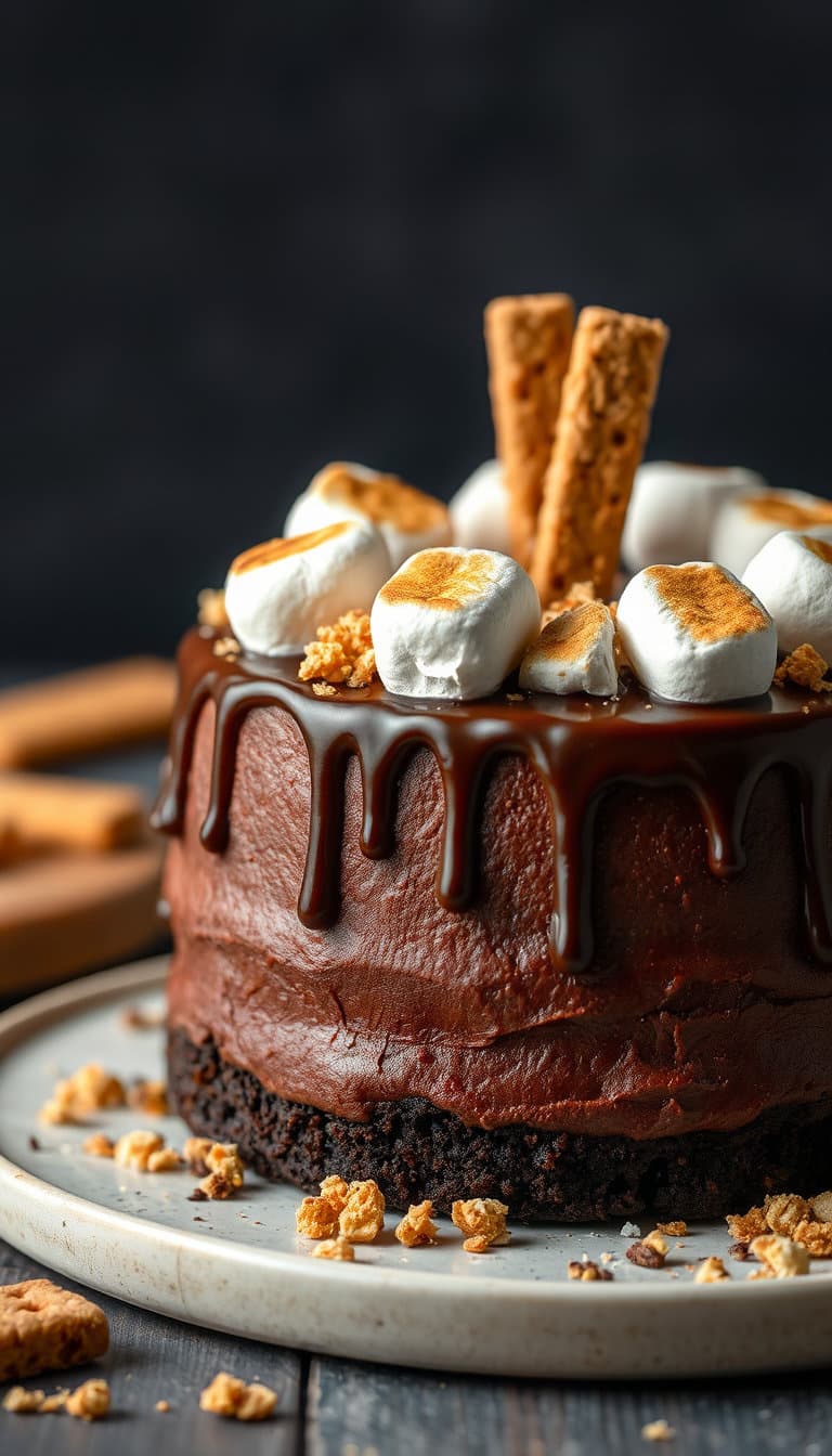 A rich chocolate cake decorated with toasted marshmallows, melted chocolate drizzle, graham cracker crumbs, campfire-inspired dessert styling, cinematic food photography, highly detailed.
