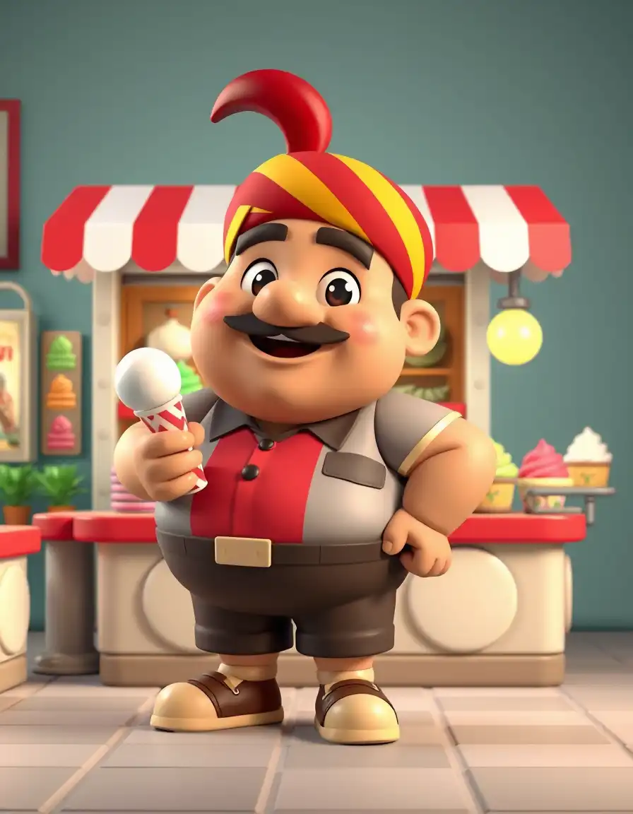 an indian  ice cream shop of a fat man 3d animated cartoon named Image Style: blocky characters