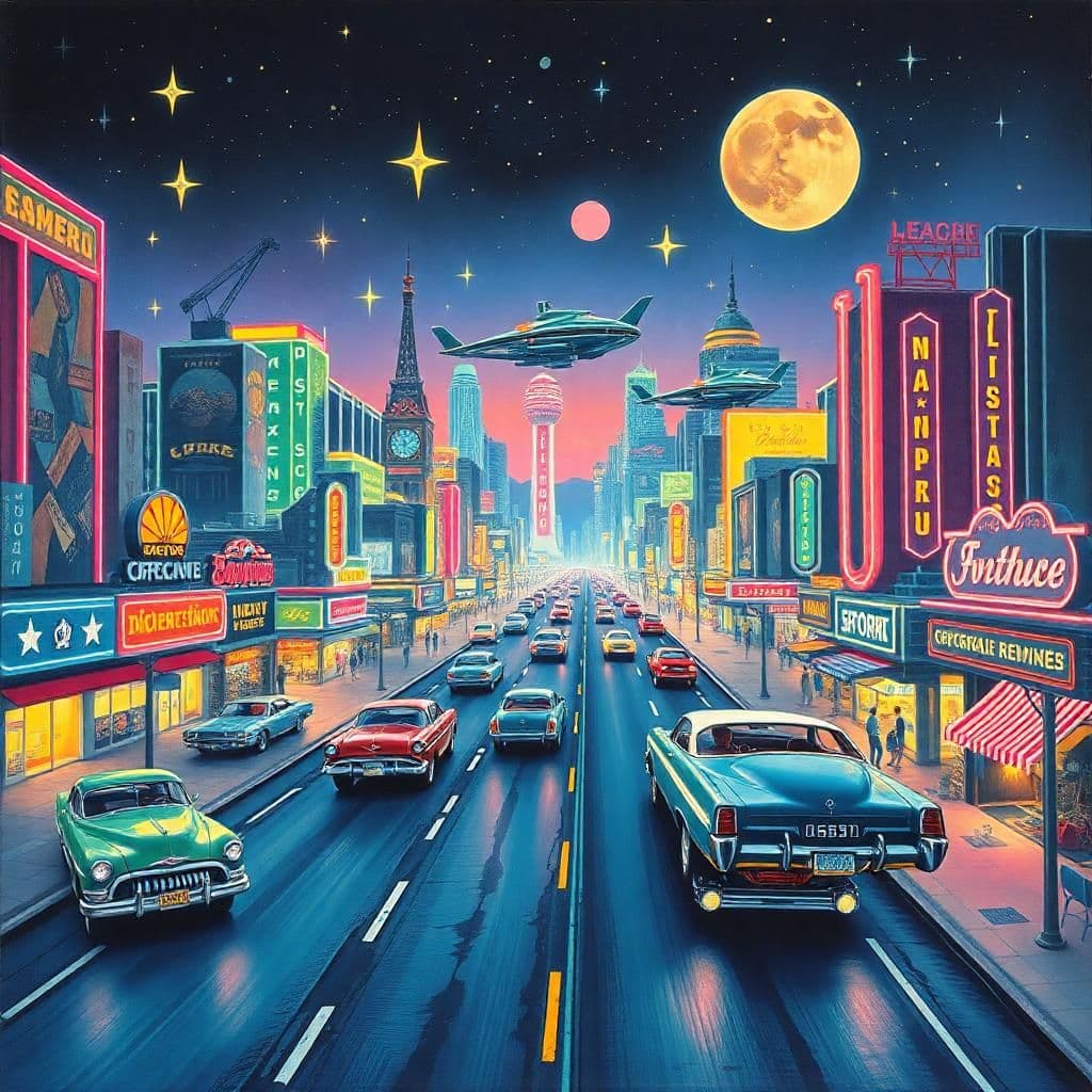 Imagine a bustling retro-futuristic cityscape, where neon lights mimic stars and retro automobiles hover gracefully above paved roads. The scene pulsates with energy, painted in vibrant hues that blend pop art and futurism, inviting one to explore a world where history and future intertwine.