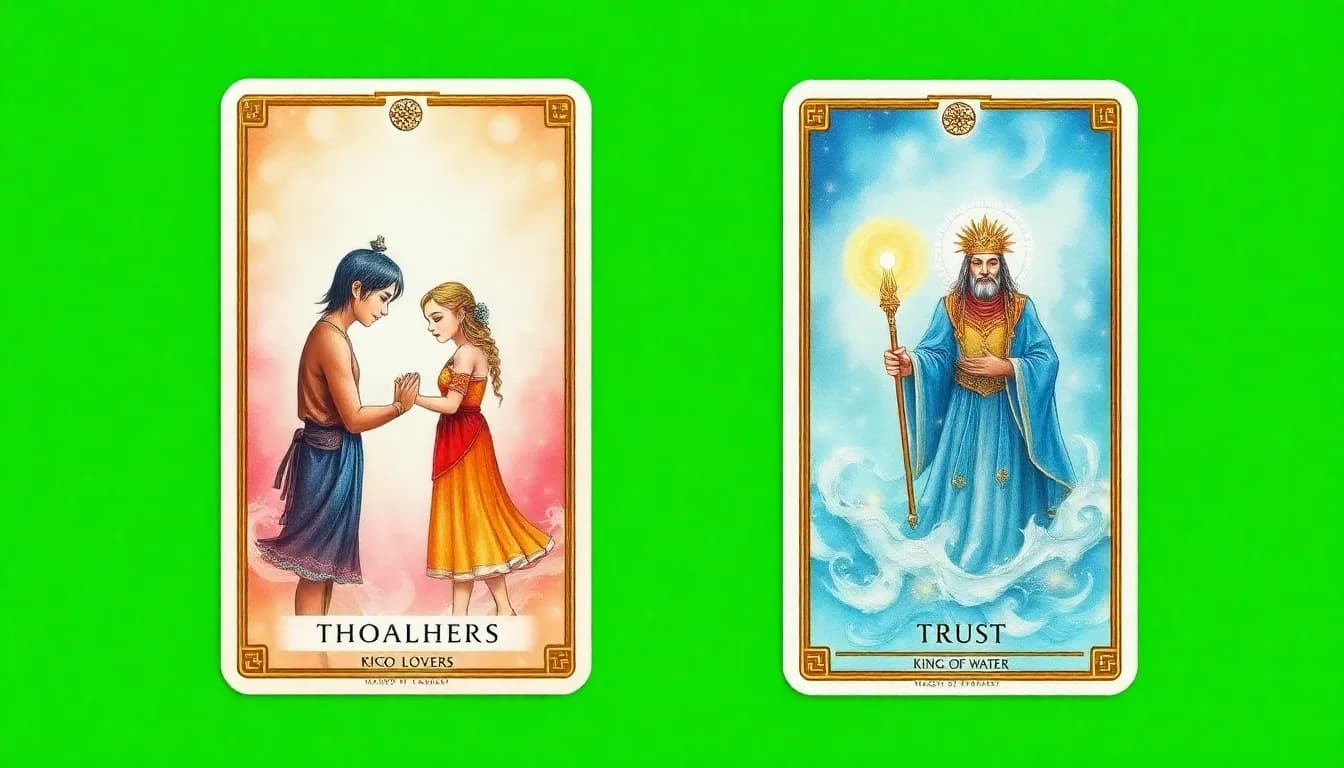 Two Osho Zen Tarot cards for YouTube thumbnail: 
Left card: “The Lovers (Major Arcana)” 
Right card: “Healing (King of Water)”
Osho Zen art style, emotional dramatic focus, glowing outline around cards, 
soft golden particles, slight drop shadow for depth, 
vivid bright colors, clean chroma key green background, 
professional tarot thumbnail composition, 4K ultra HDTwo Osho Zen Tarot cards: 
Left: “Courage (8 of Major Arcana)” 
Right: “Trust (Knight of Water)”
Zen philosophical style, watercolor texture, calm but impactful lighting, 
highlighted card titles, magical aura, 
vibrant and clickable appearance, 
green screen background for easy editing, sharp card edges, UHD quality