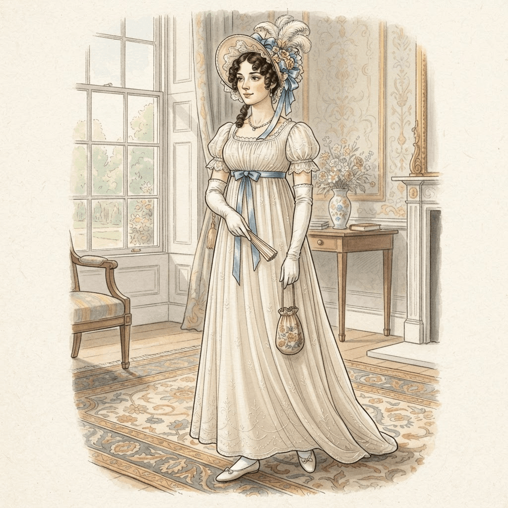 regency era fashion, empire waist muslin gown, long gloves, ringlet curls, bonnet, full length gown look, fashion illustration, full body