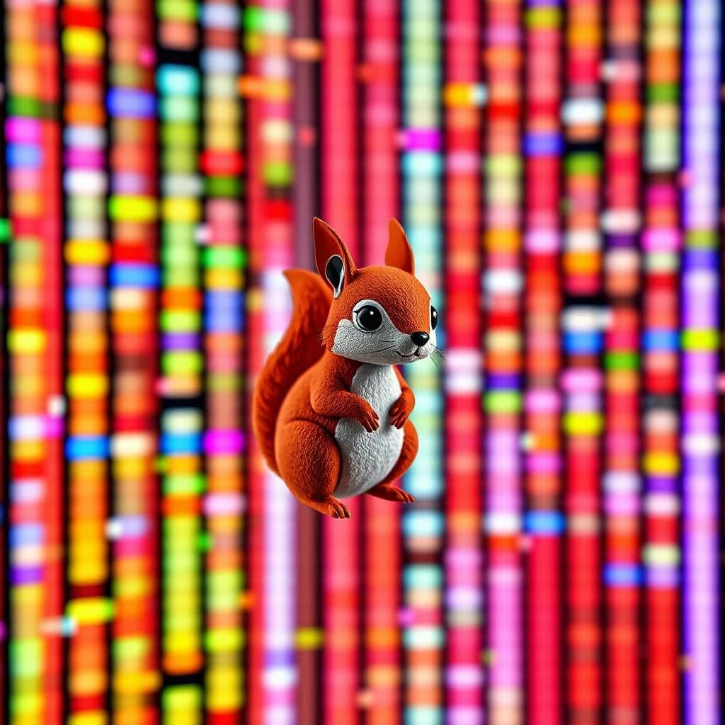 pixel art. screen. randomly colored columns of pixels. game sprites are severely distorted or misplaced, their distorted bodies and limbs stretching out to an unnatural degree as if pulled and warped by an unseen force. game is desperately trying to display two screens at the same time, the boundaries between the screens beginning to blur and fade in a riot of color. in the center of this chaotic mess, a small paper-like 2d model of a furry red squirrel sits perched, its eyes wide with a look of timeless detachment amidst the digital mayhem.