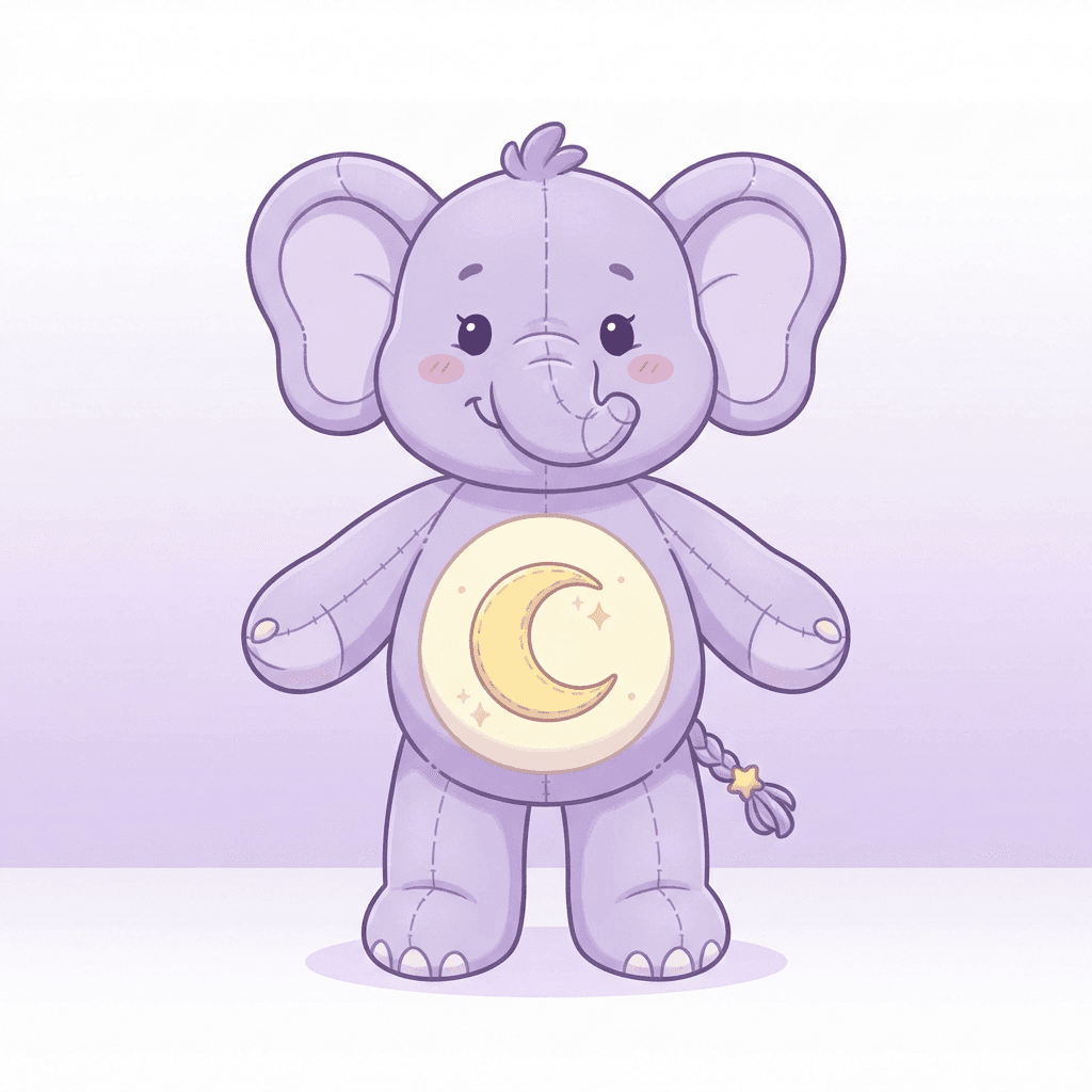 cute plush animal mascot oc base, stuffed toy elephant critter, big round ears, gentle smile, front view full body pose reference, lavender fur with a moon belly badge, flat colour, minimal shading, plain white background, reference sheet style, clean soft gradient studio background, vibrant, crisp high detail, digital illustration
