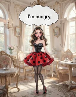 Ladybug-fa stands in a refined Victorian tea room filled with delicate scrollwork, ornate furnishings, and a soft powdery light that bathes the scene. She looks directly at the viewer with a slightly pleading expression, her mouth slightly open as she says, “I’m hungry.” Above her head floats a translucent cartoon idea cloud, empty at first; inside the cloud the words “I’m hungry” appear, matching her spoken thought. The cloud hovers gently, sharing the room’s gentle illumination and adding a whimsical touch to the elegant setting.