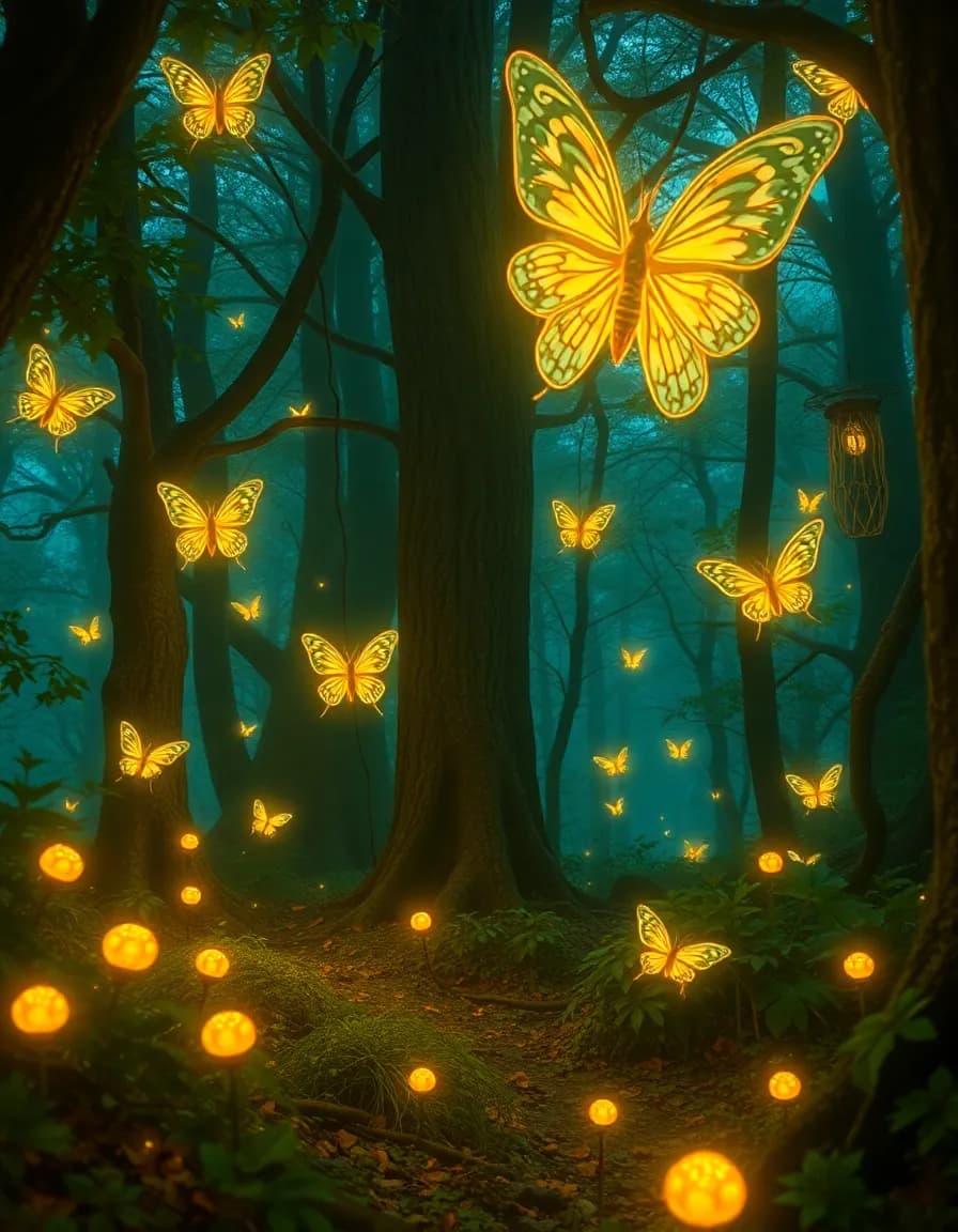 fantasy forest glowing bugs, lord of the rings style