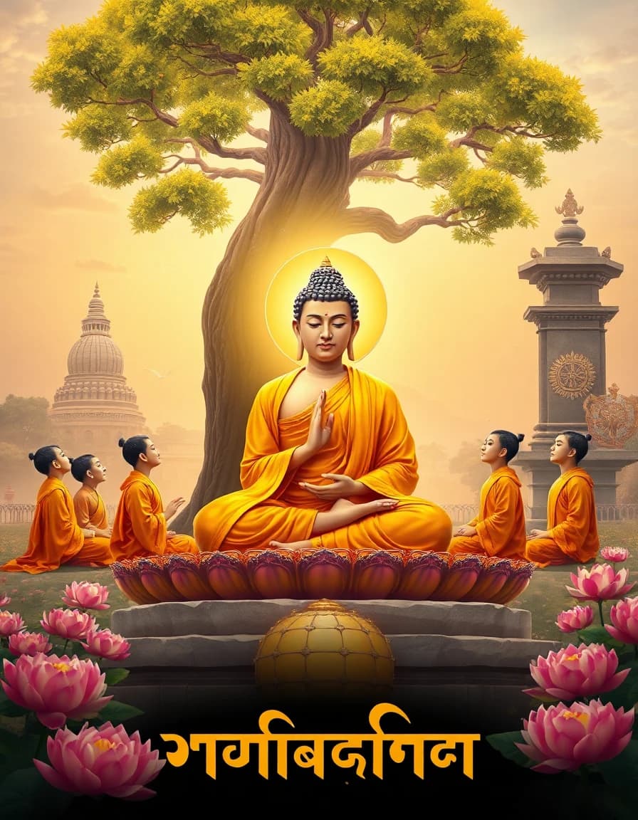 Seated Buddha in golden robes under Bodhi tree, radiant halo, teaching five disciples in orange robes, ancient stone stupa and pillar in background, pink lotus flowers, Dharma wheel with lion base, warm spiritual lighting, soft sky, traditional Indian religious poster style, rich colors, ornate typography, serene atmosphere, 85mm portrait, shallow depth of field, cinematic composition, sacred geometry, devotional mood, cultural heritage, symbolic elements, harmonious palette, detailed illustration, high contrast, vibrant hues, spiritual symbolism, historical context, artistic rendering, visual storytelling, emotional resonance, cultural identity, religious iconography, meditative ambiance, divine presence, enlightenment imagery, sacred space, ritualistic setting, ceremonial atmosphere, devotional art, spiritual narrative, mythological scene, ancient tradition, timeless wisdom, sacred geometry, symbolic representation, cultural heritage, artistic interpretation, visual metaphor, emotional depth, spiritual journey, enlightenment path, sacred tradition, cultural identity, religious symbolism, meditative state, divine presence, sacred space, ritualistic setting, ceremonial atmosphere, devotional art, spiritual narrative, mythological scene, ancient tradition, timeless wisdom, sacred geometry, symbolic representation, cultural heritage, artistic interpretation, visual metaphor, emotional depth, spiritual journey, enlightenment path, sacred tradition, cultural identity, religious symbolism, meditative state, divine presence, sacred space, ritualistic setting, ceremonial atmosphere, devotional art, spiritual narrative, mythological scene, ancient tradition, timeless wisdom, sacred geometry, symbolic representation, cultural heritage, artistic interpretation, visual metaphor, emotional depth, spiritual journey, enlightenment path, sacred tradition, cultural identity, religious symbolism, meditative state, divine presence, sacred space, ritualistic setting, ceremonial atmosphere, devotional art, spiritual narrative, mythological scene, ancient tradition, timeless wisdom, sacred geometry, symbolic representation, cultural heritage, artistic interpretation, visual metaphor, emotional depth, spiritual journey, enlightenment path, sacred tradition, cultural identity, religious symbolism, meditative state, divine presence, sacred space, ritualistic setting, ceremonial atmosphere, devotional art, spiritual narrative, mythological scene, ancient tradition, timeless wisdom, sacred geometry, symbolic representation, cultural heritage, artistic interpretation, visual metaphor, emotional depth, spiritual journey, enlightenment path, sacred tradition, cultural identity, religious symbolism, meditative state, divine presence, sacred space, ritualistic setting, ceremonial atmosphere, devotional art, spiritual narrative, mythological scene, ancient tradition, timeless wisdom, sacred geometry, symbolic representation, cultural heritage, artistic interpretation, visual metaphor, emotional depth, spiritual journey, enlightenment path, sacred tradition, cultural identity, religious symbolism, meditative state, divine presence, sacred space, ritualistic setting, ceremonial atmosphere, devotional art, spiritual narrative, mythological scene, ancient tradition, timeless wisdom, sacred geometry, symbolic representation, cultural heritage, artistic interpretation, visual metaphor, emotional depth, spiritual journey, enlightenment path, sacred tradition, cultural identity, religious symbolism, meditative state, divine presence, sacred space, ritualistic setting, ceremonial atmosphere, devotional art, spiritual narrative, mythological scene, ancient tradition, timeless wisdom, sacred geometry, symbolic representation, cultural heritage, artistic interpretation, visual metaphor, emotional depth, spiritual journey, enlightenment path, sacred tradition, cultural identity, religious symbolism, meditative state, divine presence, sacred space, ritualistic setting, ceremonial atmosphere, devotional art, spiritual narrative, mythological scene, ancient tradition, timeless wisdom, sacred geometry, symbolic representation, cultural heritage, artistic interpretation, visual metaphor, emotional depth, spiritual journey, enlightenment path, sacred tradition, cultural identity, religious symbolism, meditative state, divine presence, sacred space, ritualistic setting, ceremonial atmosphere, devotional art, spiritual narrative, mythological scene, ancient tradition, timeless wisdom, sacred geometry, symbolic representation, cultural heritage, artistic interpretation, visual metaphor, emotional depth, spiritual journey, enlightenment path, sacred tradition, cultural identity, religious symbolism, meditative state, divine presence, sacred space, ritualistic setting, ceremonial atmosphere, devotional art, spiritual narrative, mythological scene, ancient tradition, timeless wisdom, sacred geometry, symbolic representation, cultural heritage, artistic interpretation, visual metaphor, emotional depth, spiritual journey, enlightenment path, sacred tradition, cultural identity, religious symbolism, meditative state, divine presence, sacred space, ritualistic setting, ceremonial atmosphere, devotional art, spiritual narrative, mythological scene, ancient tradition, timeless wisdom, sacred geometry, symbolic representation, cultural heritage, artistic interpretation, visual metaphor, emotional depth, spiritual journey, enlightenment path, sacred tradition, cultural identity, religious symbolism, meditative state, divine presence, sacred space, ritualistic setting, ceremonial atmosphere, devotional art, spiritual narrative, mythological scene, ancient tradition, timeless wisdom, sacred geometry, symbolic representation, cultural heritage, artistic interpretation, visual metaphor, emotional depth, spiritual journey, enlightenment path, sacred tradition, cultural identity, religious symbolism, meditative state, divine presence, sacred space, ritualistic setting, ceremonial atmosphere, devotional art, spiritual narrative, mythological scene, ancient tradition, timeless wisdom, sacred geometry, symbolic representation, cultural heritage, artistic interpretation, visual metaphor, emotional depth, spiritual journey, enlightenment path, sacred tradition, cultural identity, religious symbolism, meditative state, divine presence, sacred space, ritualistic setting, ceremonial atmosphere, devotional art, spiritual narrative, mythological scene, ancient tradition, timeless wisdom, sacred geometry, symbolic representation, cultural heritage, artistic interpretation, visual metaphor, emotional depth, spiritual journey, enlightenment path, sacred tradition, cultural identity, religious symbolism, meditative state, divine presence, sacred space, ritualistic setting, ceremonial atmosphere, devotional art, spiritual narrative, mythological scene, ancient tradition, timeless wisdom, sacred geometry, symbolic representation, cultural heritage, artistic interpretation, visual metaphor, emotional depth, spiritual journey, enlightenment path, sacred tradition, cultural identity, religious symbolism, meditative state, divine presence, sacred space, ritualistic setting, ceremonial atmosphere, devotional art, spiritual narrative, mythological scene, ancient tradition, timeless wisdom, sacred geometry, symbolic representation, cultural heritage, artistic interpretation, visual metaphor, emotional depth, spiritual journey, enlightenment path, sacred tradition, cultural identity, religious symbolism, meditative state, divine presence, sacred space, ritualistic setting, ceremonial atmosphere, devotional art, spiritual narrative, mythological scene, ancient tradition, timeless wisdom, sacred geometry, symbolic representation, cultural heritage, artistic interpretation, visual metaphor, emotional depth, spiritual journey, enlightenment path, sacred tradition, cultural identity, religious symbolism, meditative state, divine presence, sacred space, ritualistic setting, ceremonial atmosphere, devotional art, spiritual narrative, mythological scene, ancient tradition, timeless wisdom, sacred geometry, symbolic representation, cultural heritage, artistic interpretation, visual metaphor, emotional depth, spiritual journey, enlightenment path, sacred tradition, cultural identity, religious symbolism, meditative state, divine presence, sacred space, ritualistic setting, ceremonial atmosphere, devotional art, spiritual narrative, mythological scene, ancient tradition, timeless wisdom, sacred geometry, symbolic representation, cultural heritage, artistic interpretation, visual metaphor, emotional depth, spiritual journey, enlightenment path, sacred tradition, cultural identity, religious symbolism, meditative state, divine presence, sacred space, ritualistic setting, ceremonial atmosphere, devotional art, spiritual narrative, mythological scene, ancient tradition, timeless wisdom, sacred geometry, symbolic representation, cultural heritage, artistic interpretation, visual metaphor, emotional depth, spiritual journey, enlightenment path, sacred tradition, cultural identity, religious symbolism, meditative state, divine presence, sacred space, ritualistic setting, ceremonial atmosphere, devotional art, spiritual narrative, mythological scene, ancient tradition, timeless wisdom, sacred geometry, symbolic representation, cultural heritage, artistic interpretation, visual metaphor, emotional depth, spiritual journey, enlightenment path, sacred tradition, cultural identity, religious symbolism, meditative state, divine presence, sacred space, ritualistic setting, ceremonial atmosphere, devotional art, spiritual narrative, mythological scene, ancient tradition, timeless wisdom, sacred geometry, symbolic representation, cultural heritage, artistic interpretation, visual metaphor, emotional depth, spiritual journey, enlightenment path, sacred tradition, cultural identity, religious symbolism, meditative state, divine presence, sacred space, ritualistic setting, ceremonial atmosphere, devotional art, spiritual narrative, mythological scene, ancient tradition, timeless wisdom, sacred geometry, symbolic representation, cultural heritage, artistic interpretation, visual metaphor, emotional depth, spiritual journey, enlightenment path, sacred tradition, cultural identity, religious symbolism, meditative state, divine presence, sacred space, ritualistic setting, ceremonial atmosphere, devotional art, spiritual narrative, mythological scene, ancient tradition, timeless wisdom, sacred geometry, symbolic representation, cultural heritage, artistic interpretation, visual metaphor, emotional depth, spiritual journey, enlightenment path, sacred tradition, cultural identity, religious symbolism, meditative state, divine presence, sacred space, ritualistic setting, ceremonial atmosphere, devotional art, spiritual narrative, mythological scene, ancient tradition, timeless wisdom, sacred geometry, symbolic representation, cultural heritage, artistic interpretation, visual metaphor, emotional depth, spiritual journey, enlightenment path, sacred tradition, cultural identity, religious symbolism, meditative state, divine presence, sacred space, ritualistic setting, ceremonial atmosphere, devotional art, spiritual narrative, mythological scene, ancient tradition, timeless wisdom, sacred geometry, symbolic representation, cultural heritage, artistic interpretation, visual metaphor, emotional depth, spiritual journey, enlightenment path, sacred tradition, cultural identity, religious symbolism, meditative state, divine presence, sacred space, ritualistic setting, ceremonial atmosphere, devotional art, spiritual narrative, mythological scene, ancient tradition, timeless wisdom, sacred geometry, symbolic representation, cultural heritage, artistic interpretation, visual metaphor, emotional depth, spiritual journey, enlightenment path, sacred tradition,