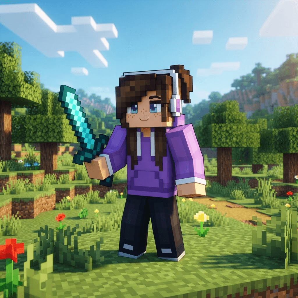 original Minecraft-style player character, blocky voxel body and square head, pixel-art skin, no text, no logos, crisp high detail, vibrant, game render look, a girl with a purple hoodie skin, white headphones and a diamond sword, standing in a sunlit plains biome with oak trees, close enough to read her face
