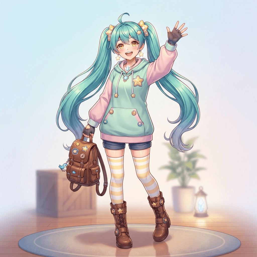 original anime girl character design, full body, cheerful adventurer with teal twin-tails and amber eyes, modest pastel hoodie dress with star patches, knee-high boots, waving happily, clean soft gradient studio background, vibrant, crisp high detail, digital illustration
