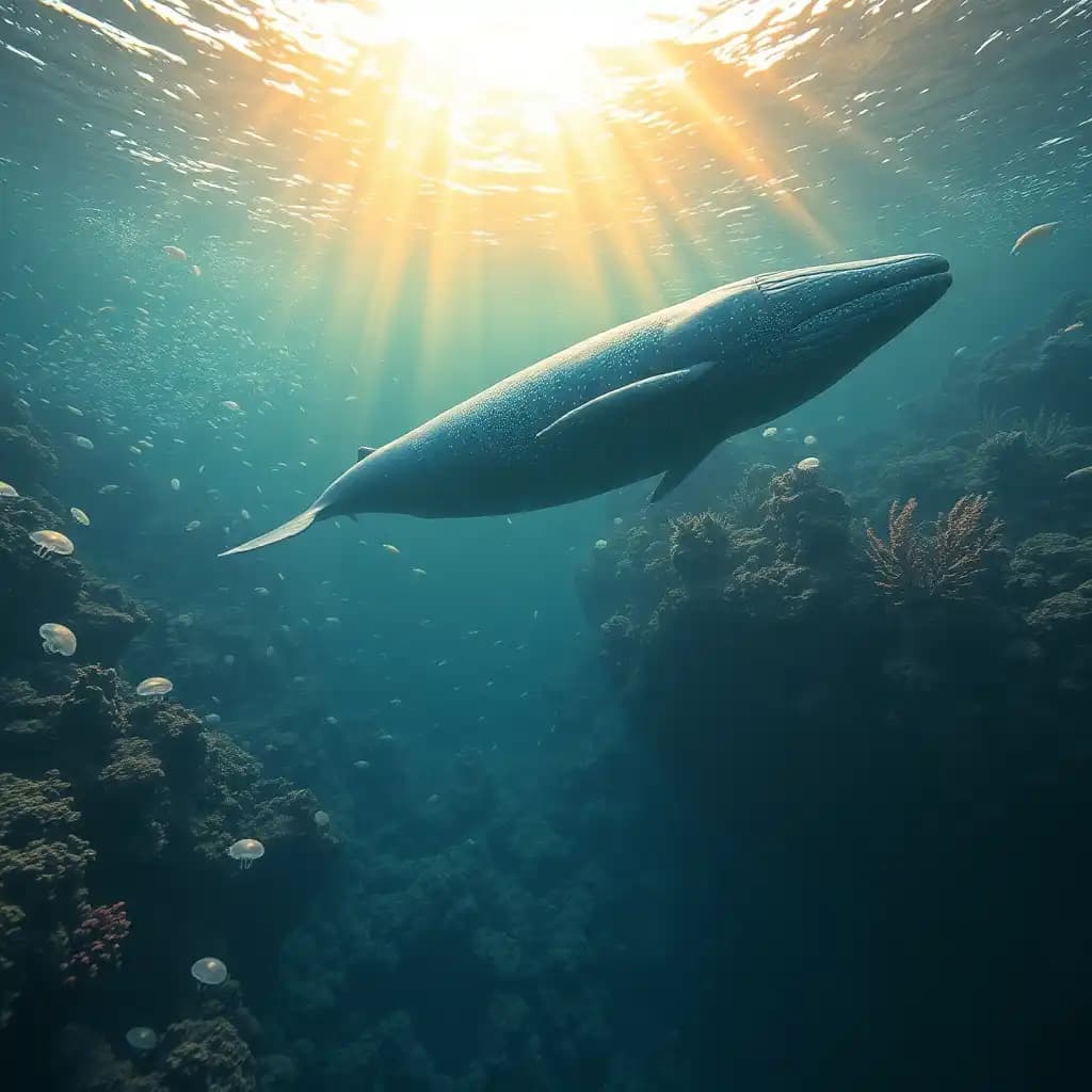 A serene underwater scene where shafts of golden sunlight pierce the surface, illuminating a vast, alien-like coral reef. The water is crystal clear, revealing the intricate ecosystem beneath—a maze of glowing jellyfish, schools of iridescent fish darting between coral spires, and ancient shipwrecks now overgrown with vibrant marine life. A massive, gentle whale glides past, its skin marked with glowing bioluminescent patterns. Strange and beautiful creatures, some resembling mythical sea serpents, lurk in the deep, their silhouettes just barely visible in the fading light below. The entire scene is tranquil yet filled with a quiet mystery, as though the ocean holds secrets lost to time.