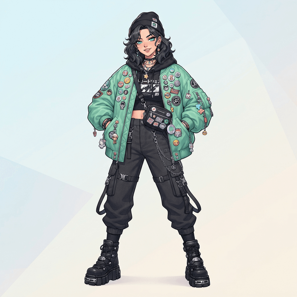 original character wearing a layered streetwear outfit, oversized mint jacket, cargo pants, chunky boots, lots of pins and charms, full body, anime style, outfit design focus, clean soft gradient studio background, vibrant, crisp high detail, digital illustration