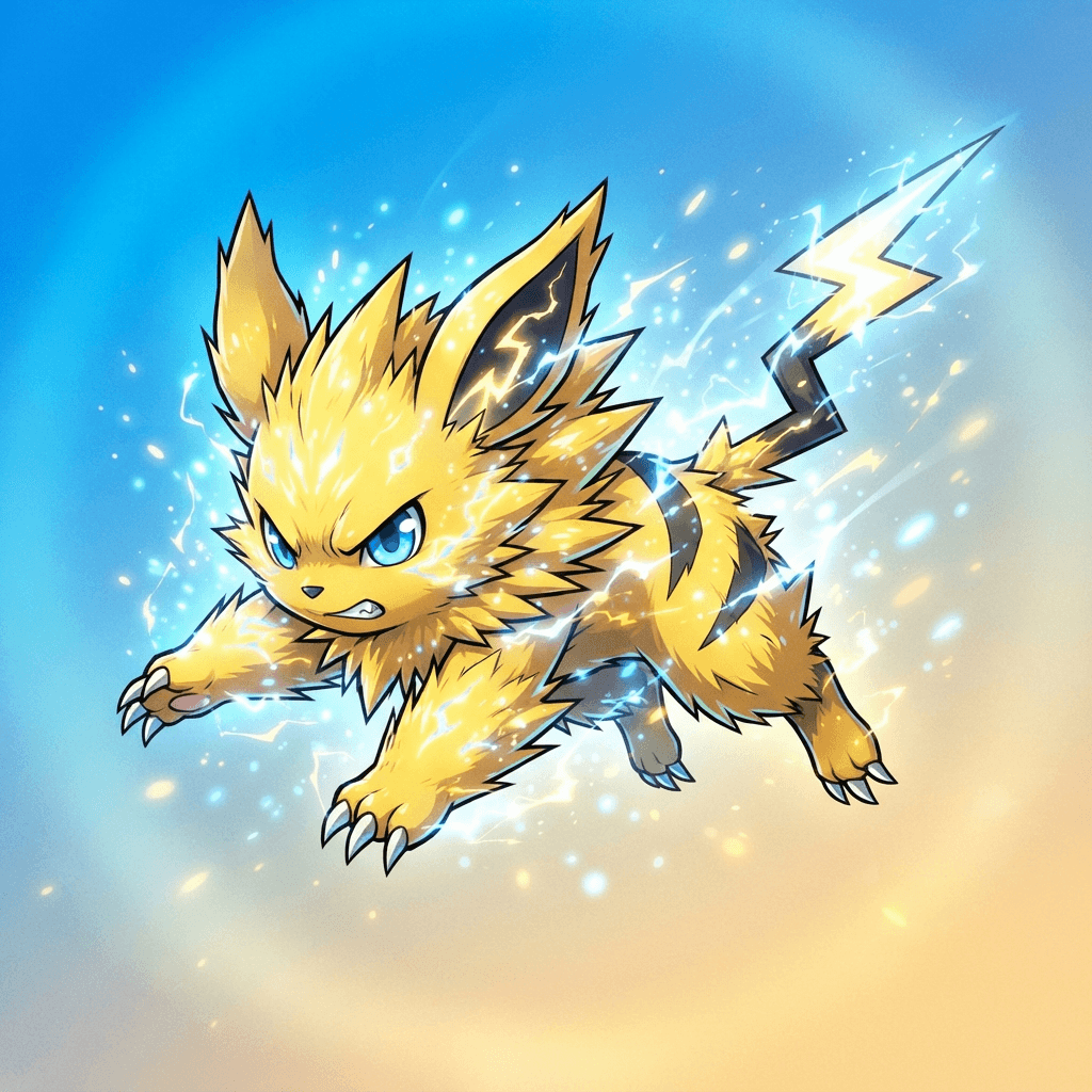 original pocket monster creature, electric type, spiky yellow fur and glowing sparks, cel-shaded anime fanart, dynamic pose, clean soft gradient background, vibrant, crisp high detail