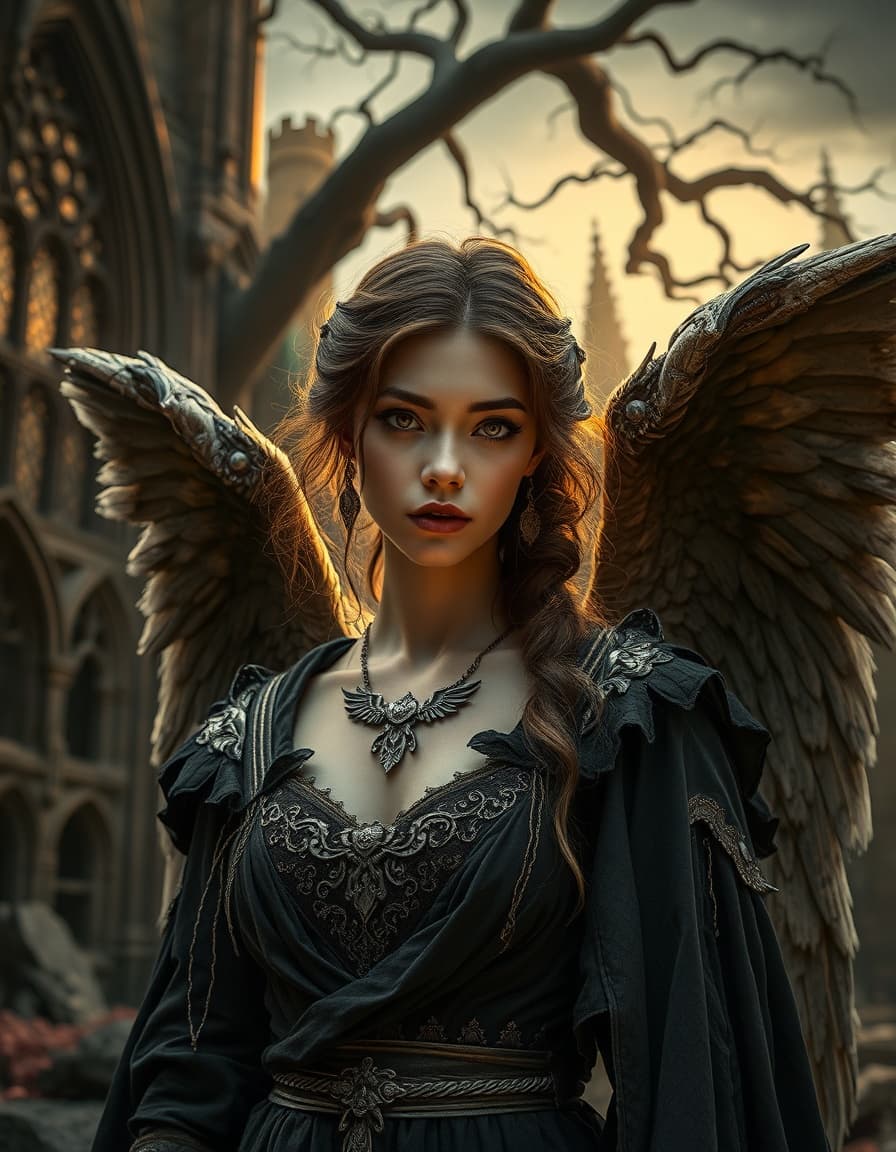 a heavenly angel in dark fantasy attire, set against a backdrop of a ruined, gothic cathedral, with a twisted, gnarled tree looming behind her. rembrandt-inspired lighting casts a warm, golden glow on her face, while the shadows are deep and foreboding. the angel's dark, tattered robes are adorned with intricate, silver accents, and her eyes burn with an ethereal, otherworldly glow.