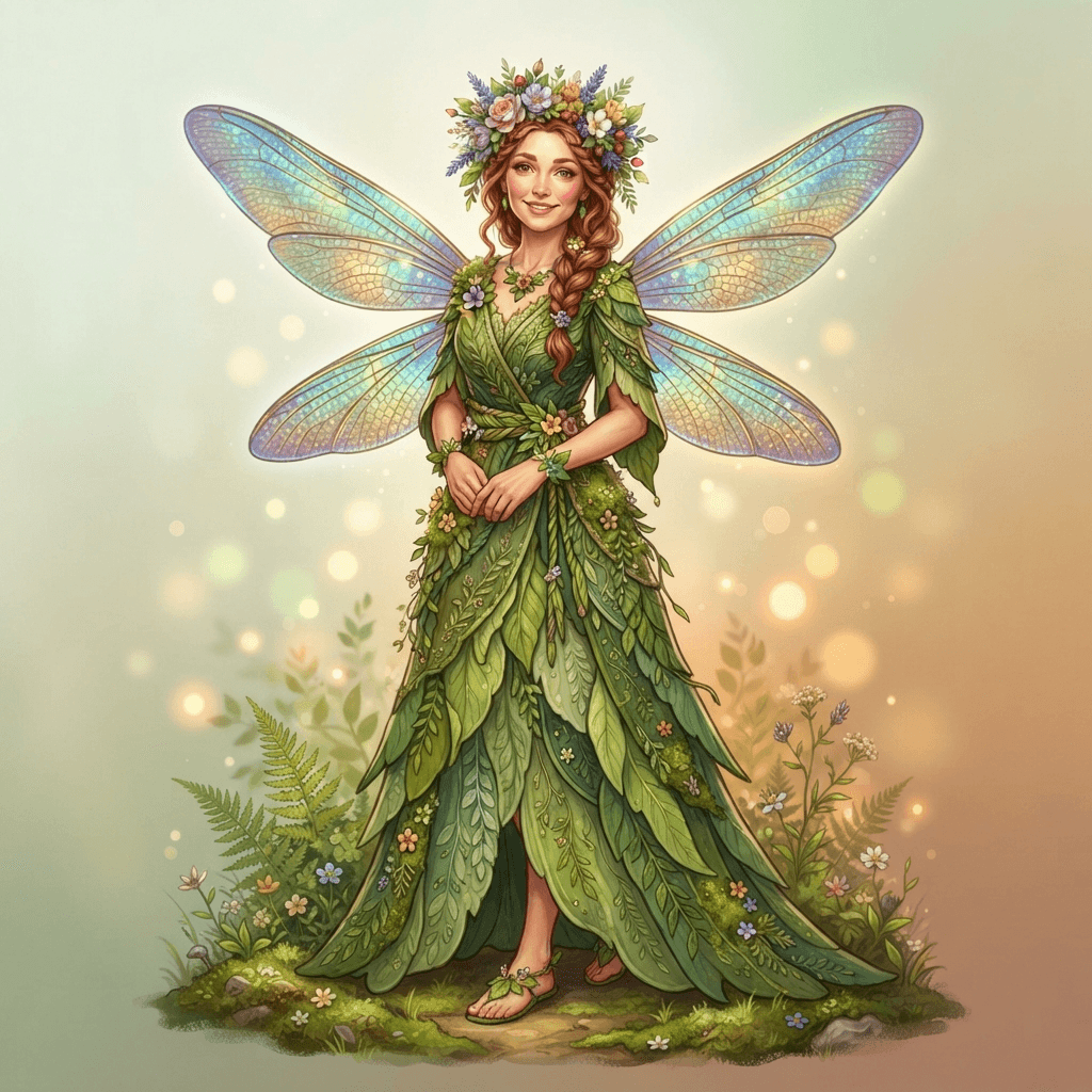 original character design of an adult woman fairy fully clothed in a long green leaf gown, iridescent dragonfly wings, flower crown, full body standing pose, wholesome storybook style, clean soft gradient studio background, vibrant, crisp high detail, digital illustration, no text, no words, no watermark