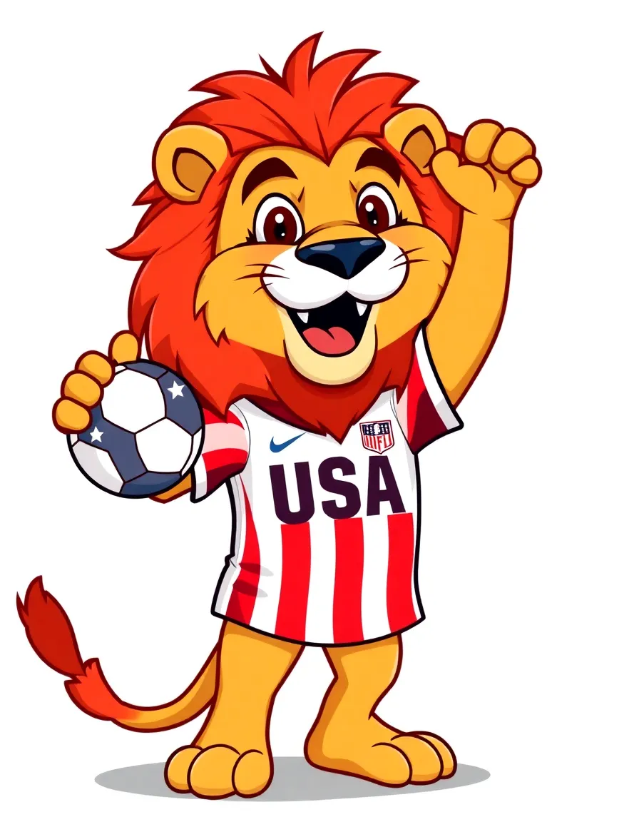 Energetic lion wearing USA flag jersey, cheering with football in hand, mascot style, cartoon character, vibrant colors, World Cup 2026 theme.”