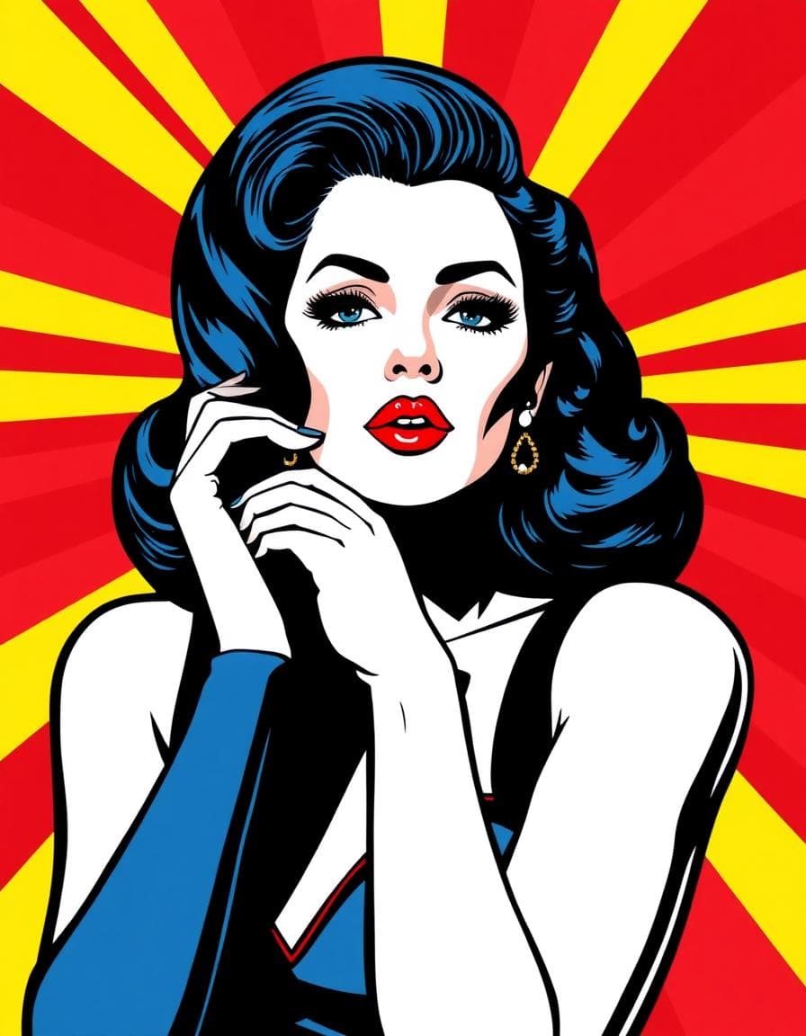 Elegant Pop Art illustration of Dita Von Teese Roy Lichtenstein style. puntinismo