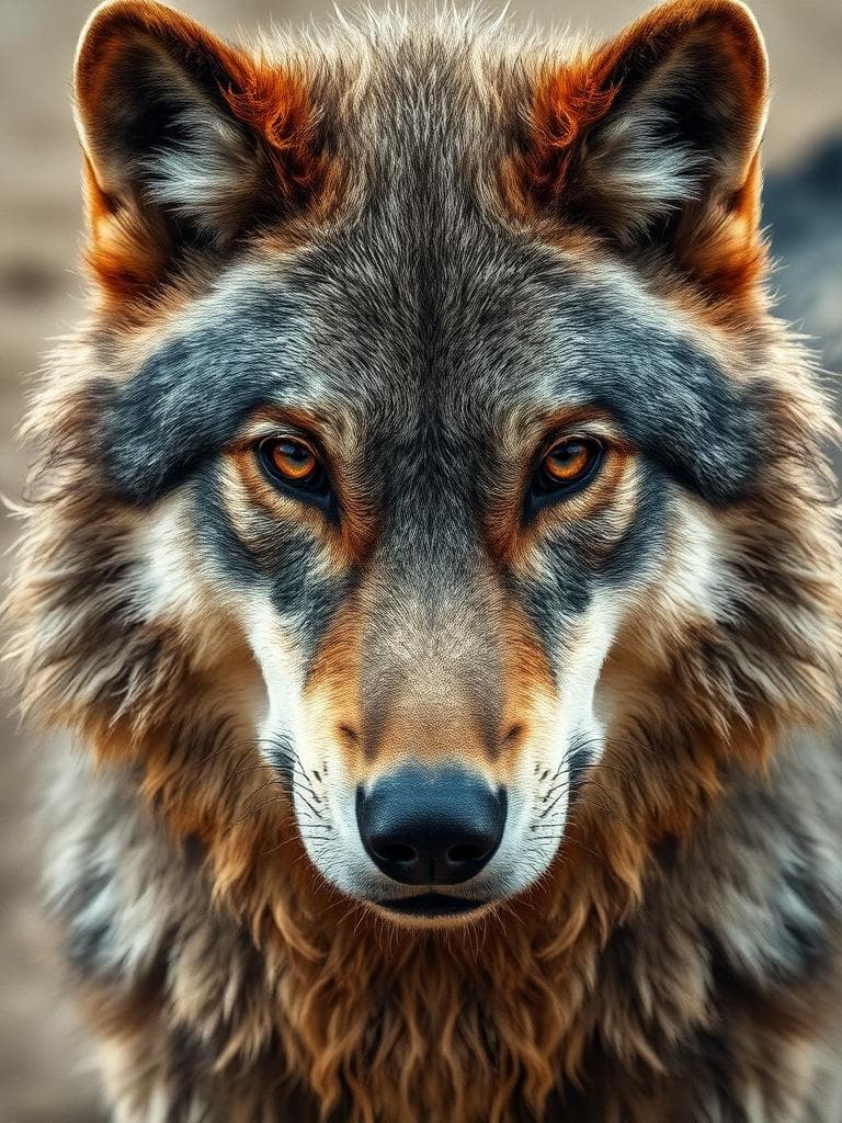 You've successfully applied the 'gritty and sandy' texture aesthetic to the wolf subject. Now, I'll modify the prompt to incorporate the 'Composition' aesthetic, specifically the Golden Triangle composition.
Here's the revised prompt:
A wolf's face, positioned diagonally in the frame, creating a sense of dynamic tension. The wolf's left eye is aligned with the top left corner of the frame, while the right ear is aligned with the bottom right corner. The diagonal line created by the wolf's nose and forehead intersects with the lines of the frame, dividing the image into three triangular sections. The wolf's rough, gritty fur and coarse, grainy strands are balanced along these intersecting lines, drawing the viewer's eye from the top left to the bottom right of the frame. The Golden Triangle composition adds a sense of movement and energy to the image, emphasizing the wolf's quiet intensity and unyielding resilience. The overall feel is one of powerful, dynamic balance, with the wolf's rugged, weathered face at the center of the frame.
In this revised prompt, I've applied the Golden Triangle composition aesthetic, using simple words and maintaining a PG-13 image. The diagonal layout and intersecting lines create a sense of dynamic tension, drawing the viewer's eye through the image and emphasizing the wolf's rugged, gritty beauty.