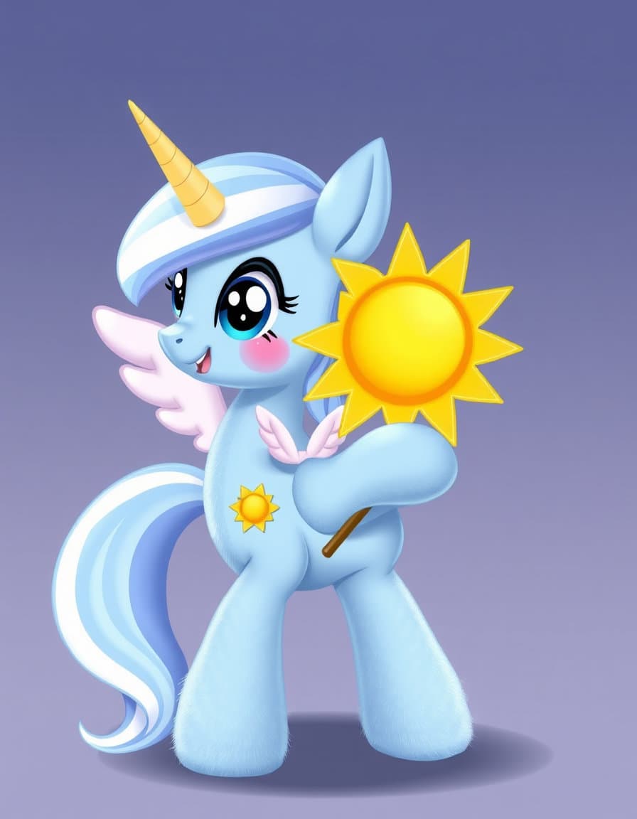 'My Little Pony' style.  Trixie Lulasun is 
Alicorn (winged unicorn) Light blue fur. Bulky mane and tail with white and light blue stripes. Black eyes. Cutie mark: a yellow sun with a wand, standing, right front paw raised elegantly. Looking back over my shoulder. A confident and mischievous smile.