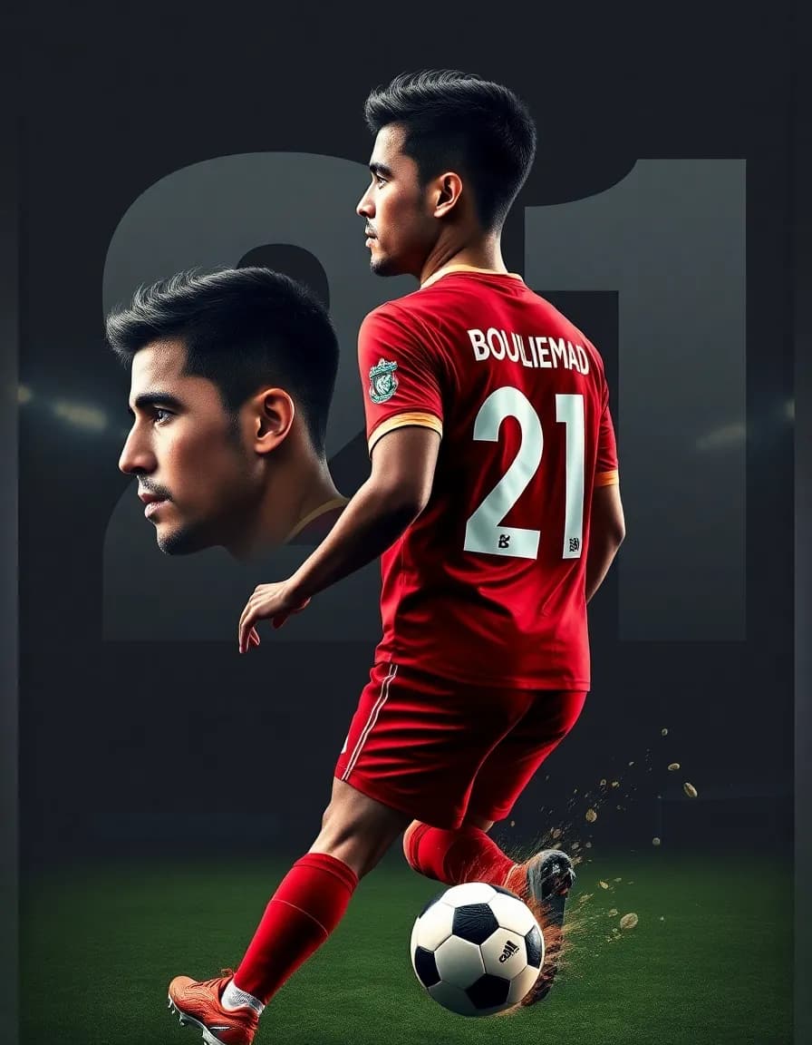 Create a cinematic professional football (soccer) ~ poster featuring [refer image]. Keep the original face, hair, shape, and angle exactly as in the image. Show the person in three perspectives: a close-up liverpool jersey, a side profile view wearing a Liverpool football jersey in the back name Taju Mohammed a full-body shot in full football kit (jersey Liverpool shorts, socks, and cleats) with sponsor logos. At the bottom, place a dynamic action scene of the player performing a powerful kick with a football, with motion blur and flying grass around. The jersey must clearly display the number 21 on the front, back, and shorts. Use a bold dark grey stadium background with a large number 21 dan nama 'Abdulsemad'  glowing behind the character. The overall style should be ultra-realistic, high-resolution, cinematic, and professional sports poster 