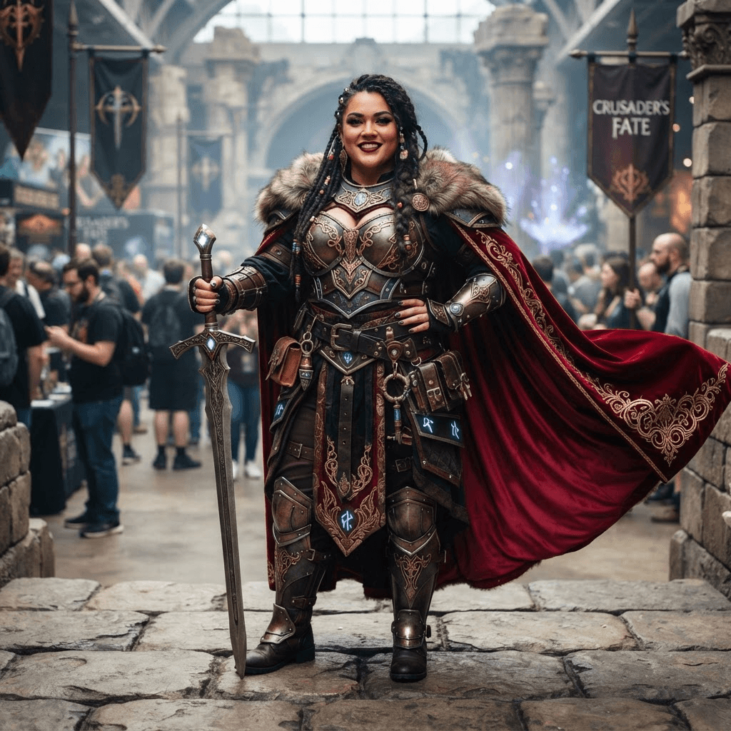 a confident plus size cosplayer in a bold fantasy costume with armor and a flowing cape, cosplay reference, full body, standing portrait