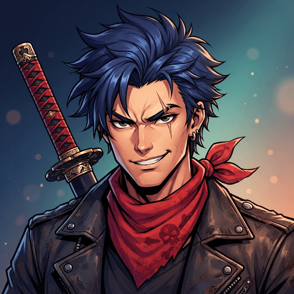 original pirate swordsman anime character, close-up headshot avatar portrait, cocky smirk, spiky navy-blue hair, red bandana, katana over shoulder, dramatic shonen anime style