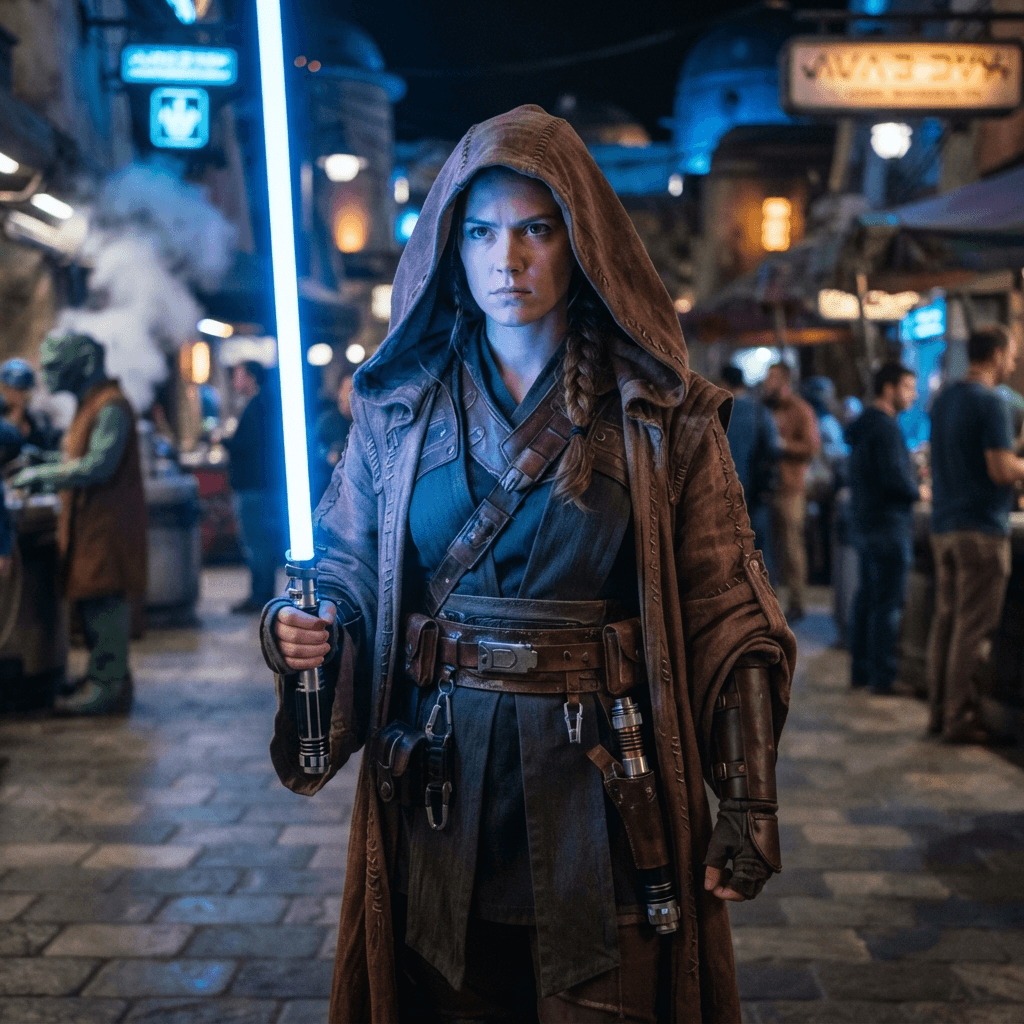 a science fantasy costume with a hooded brown robe and a glowing laser sword, cosplay portrait, waist up, detailed costume