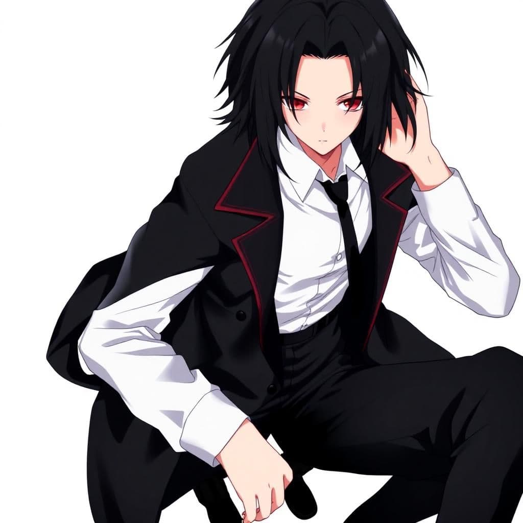 

a guy with medium length black hair that reaches his neck and Crimson Red eyes and is wearing a long-sleeved white shirt, a tie, a black coat, and black pants and black shoes in anime style