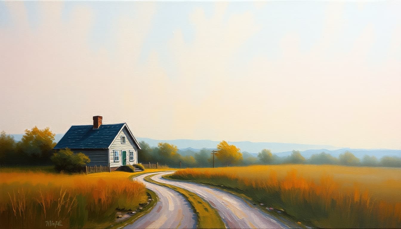 warm nostalgic oil painting,
impressionistic style,
rich textured oil on canvas,
soft brushstrokes,
quiet morning atmosphere,
soft pastel sky,
peaceful resolution feeling,
balanced composition,
fine art quality, no text